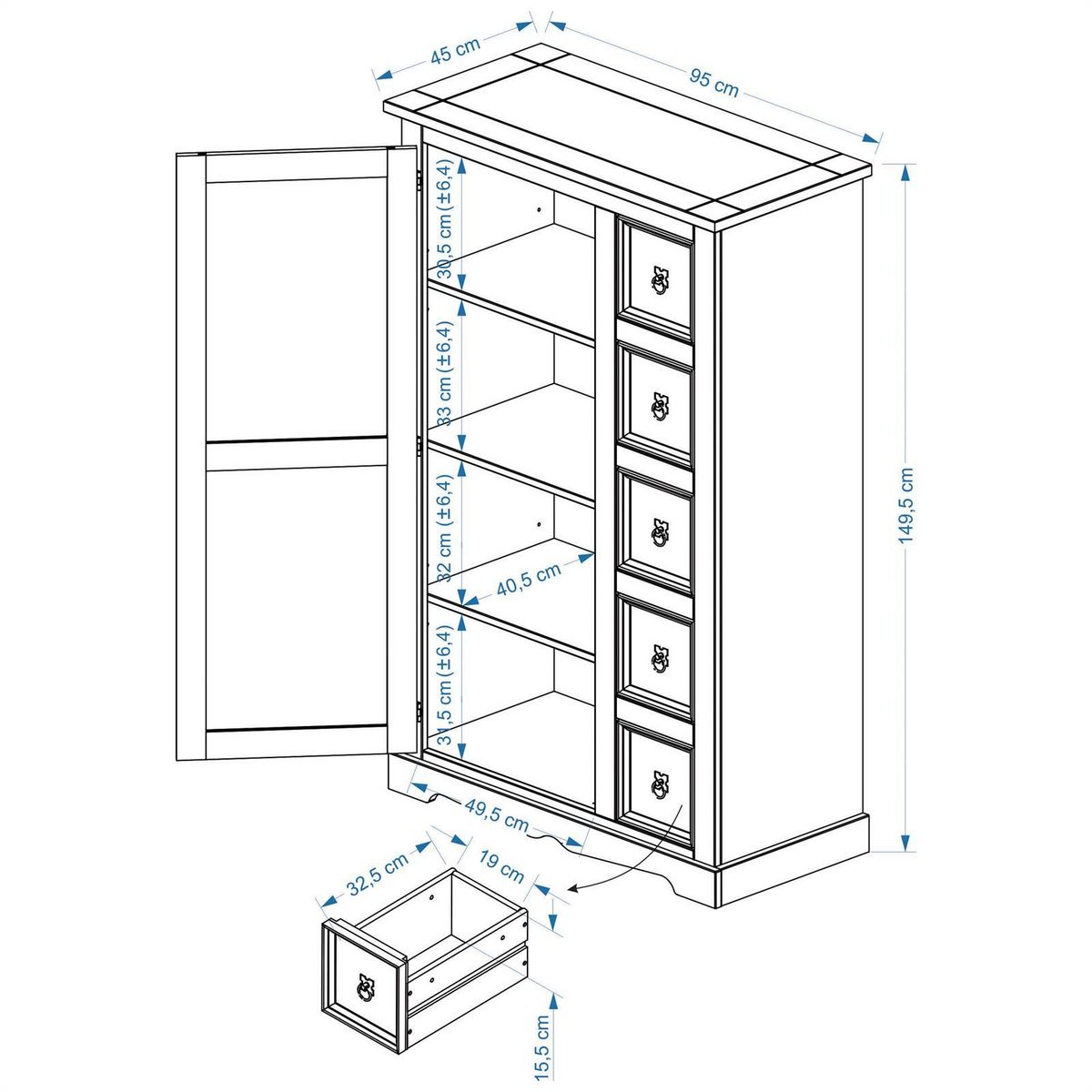 IDIMEX Buffet apothicaire en pin TEQUILA style mexicain, 1 portes et 5 tiroirs
