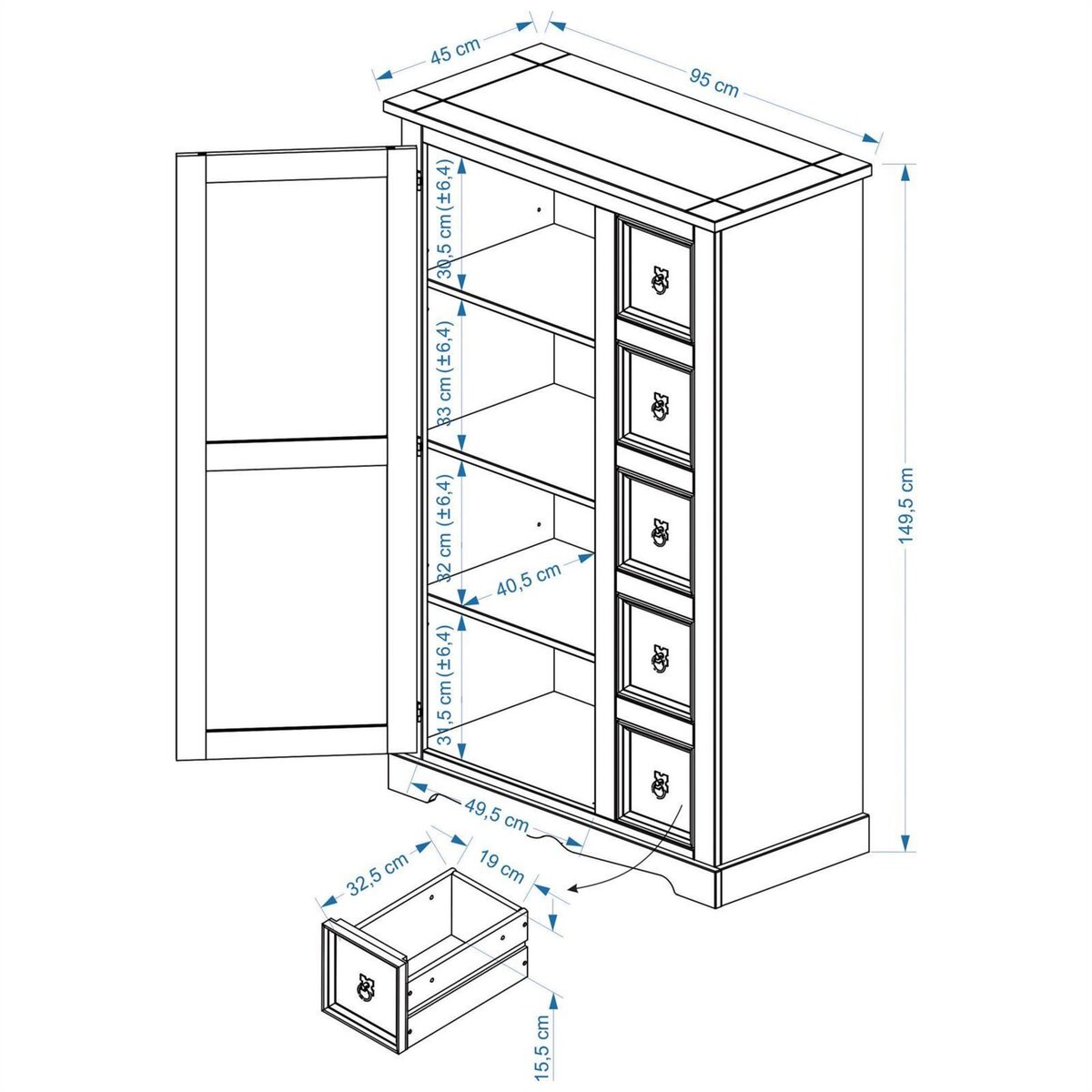 IDIMEX Buffet apothicaire en pin TEQUILA style mexicain, 1 portes et 5 tiroirs