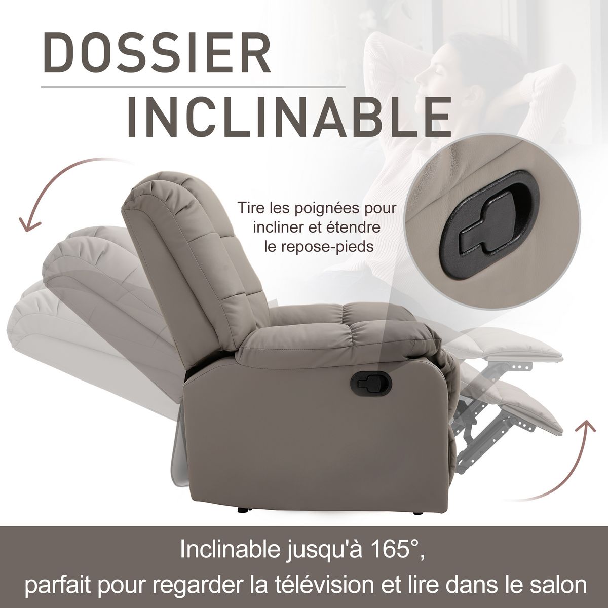 HOMCOM Fauteuil luxe de relaxation et massage inclinaison dossier repose-pied réglable revêtement synthétique gris