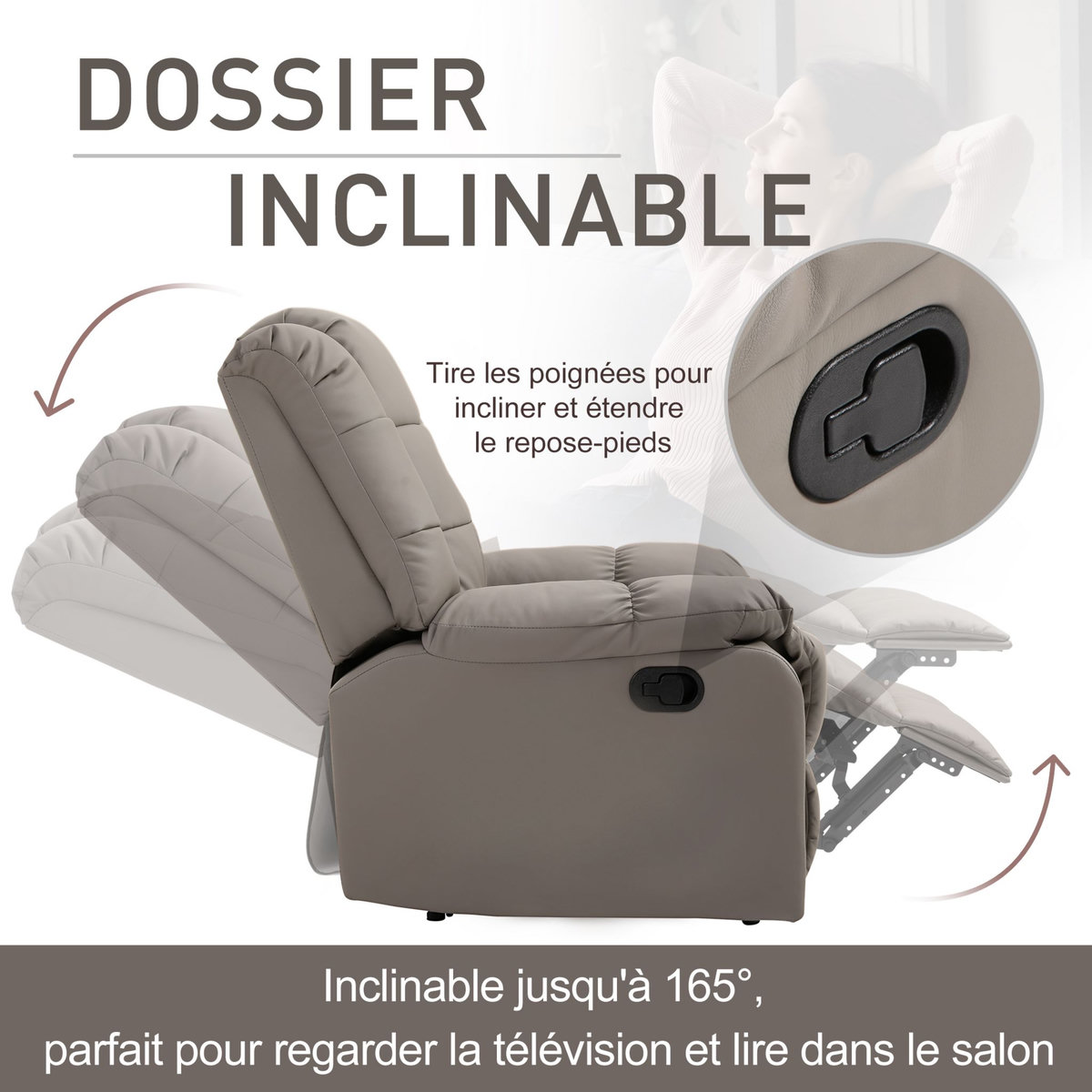 HOMCOM Fauteuil luxe de relaxation et massage inclinaison dossier repose-pied réglable revêtement synthétique gris