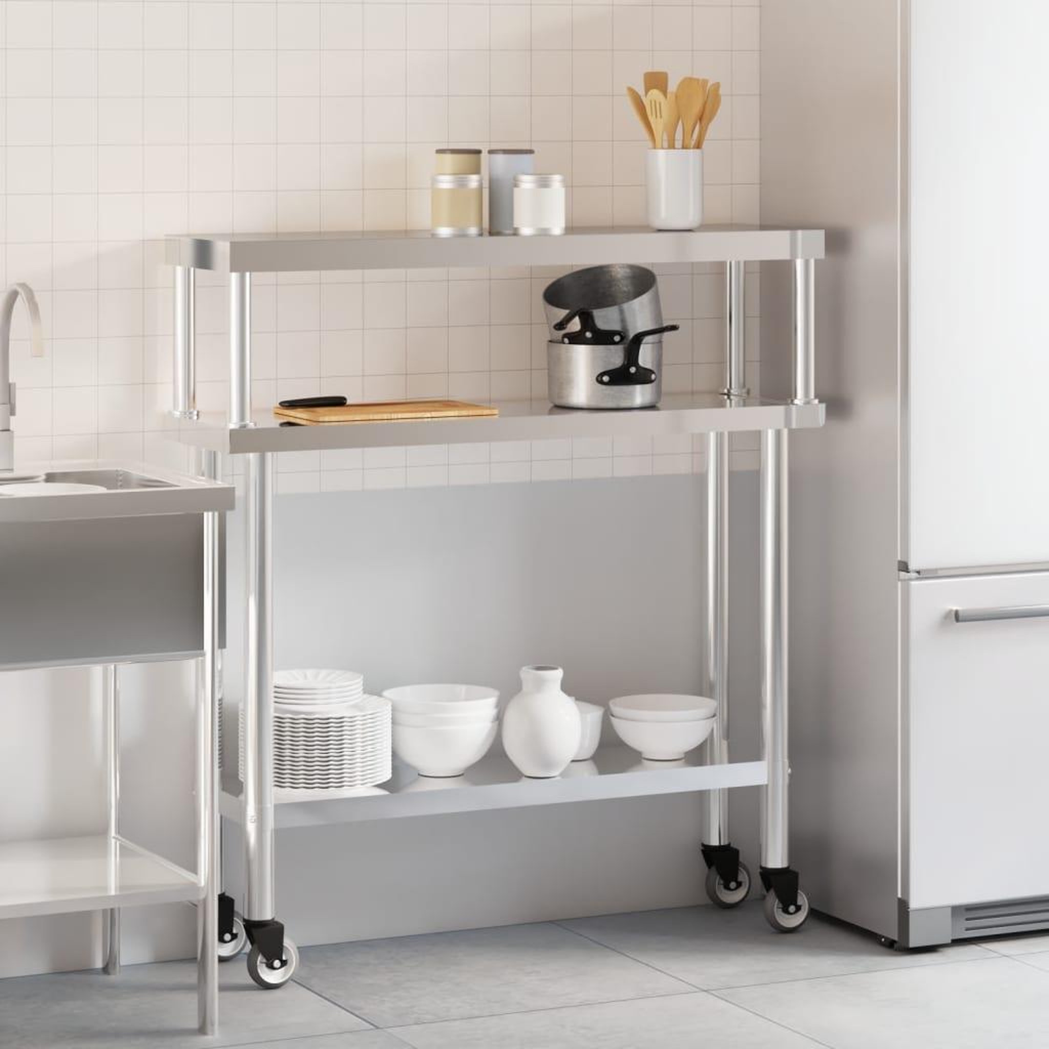 Voir la diapositive 3 : VIDAXL Table de travail de cuisine avec etagere 110x30x120 cm inox