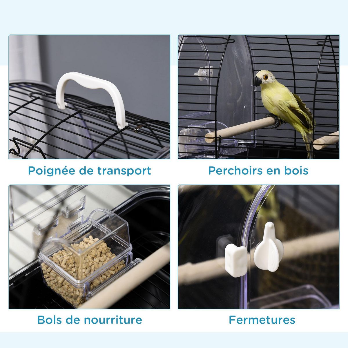PAWHUT Cage à oiseaux portable 2 mangeoires 2 perchoirs 3 portes plateau excrément amovible poignée transport métal PS noir