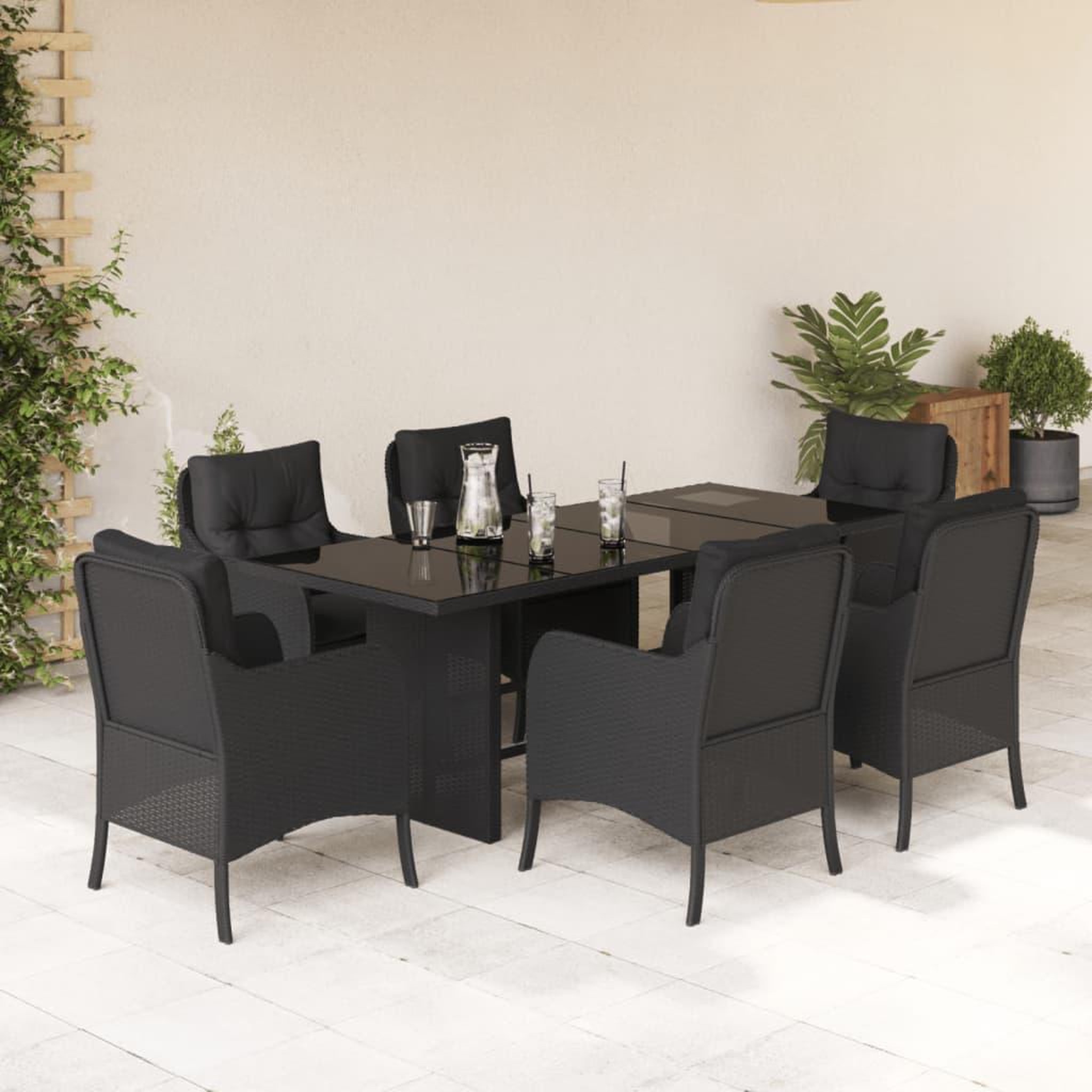 VIDAXL Ensemble a manger de jardin coussins 7pcs Noir Resine tressee