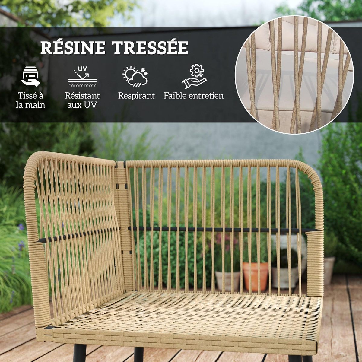 OUTSUNNY Ensemble salon de jardin d'angle 5 places avec table basse et coussins beige résine tressée effet rotin