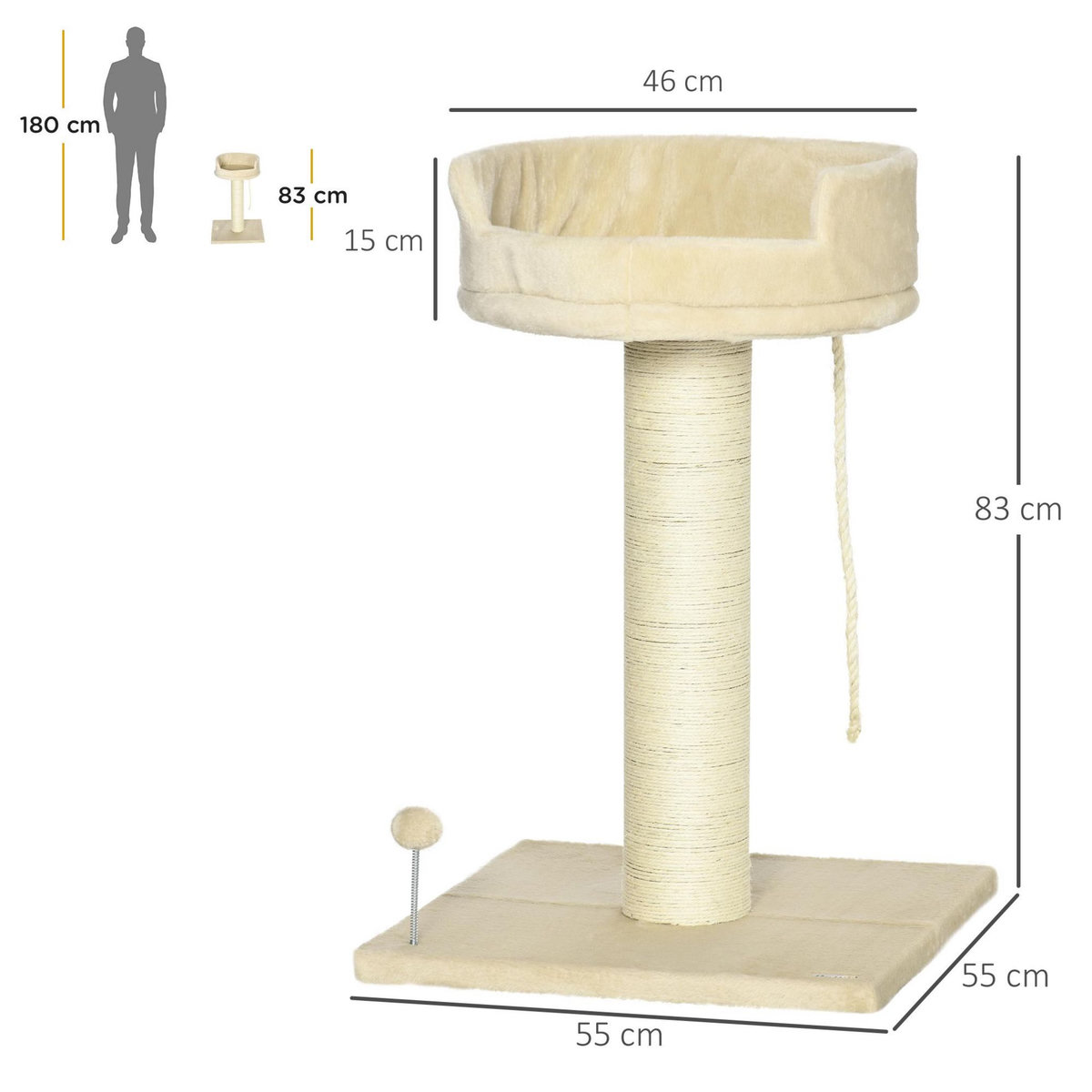 PAWHUT Arbre à chat griffoir grattoir sisal naturel plateforme d'observation corde d'escalade boule à ressort peluche beige