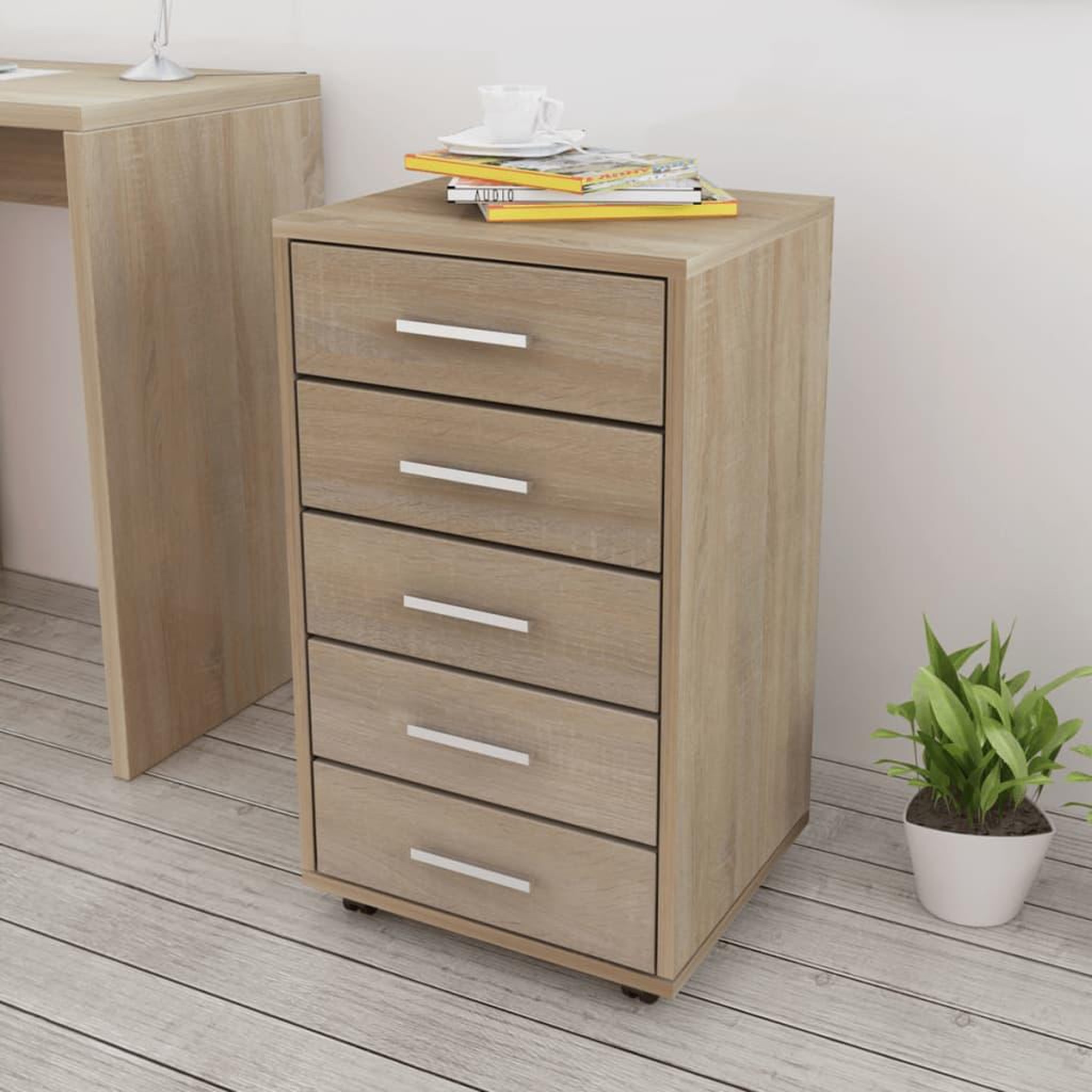 Voir la diapositive 1 : VIDAXL Caisson a tiroir de bureau avec roulettes 5 tiroirs Chene