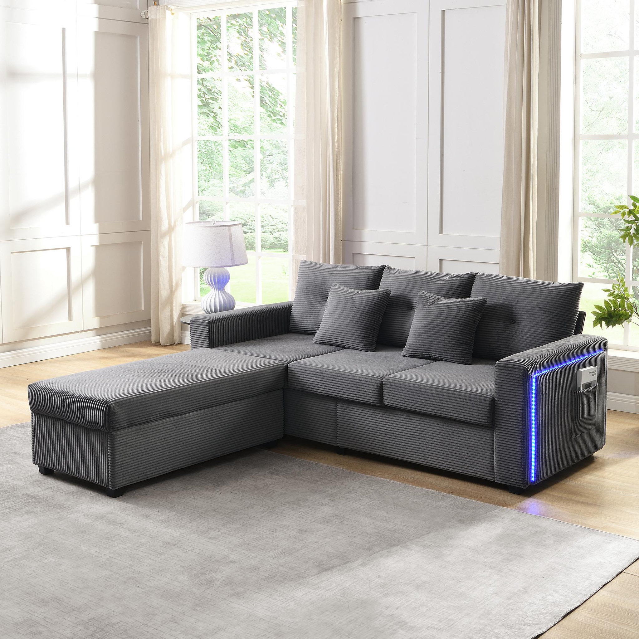 Voir la diapositive 4 : MERAX Canapé d‘angle réversible fixe 3 places tissu led