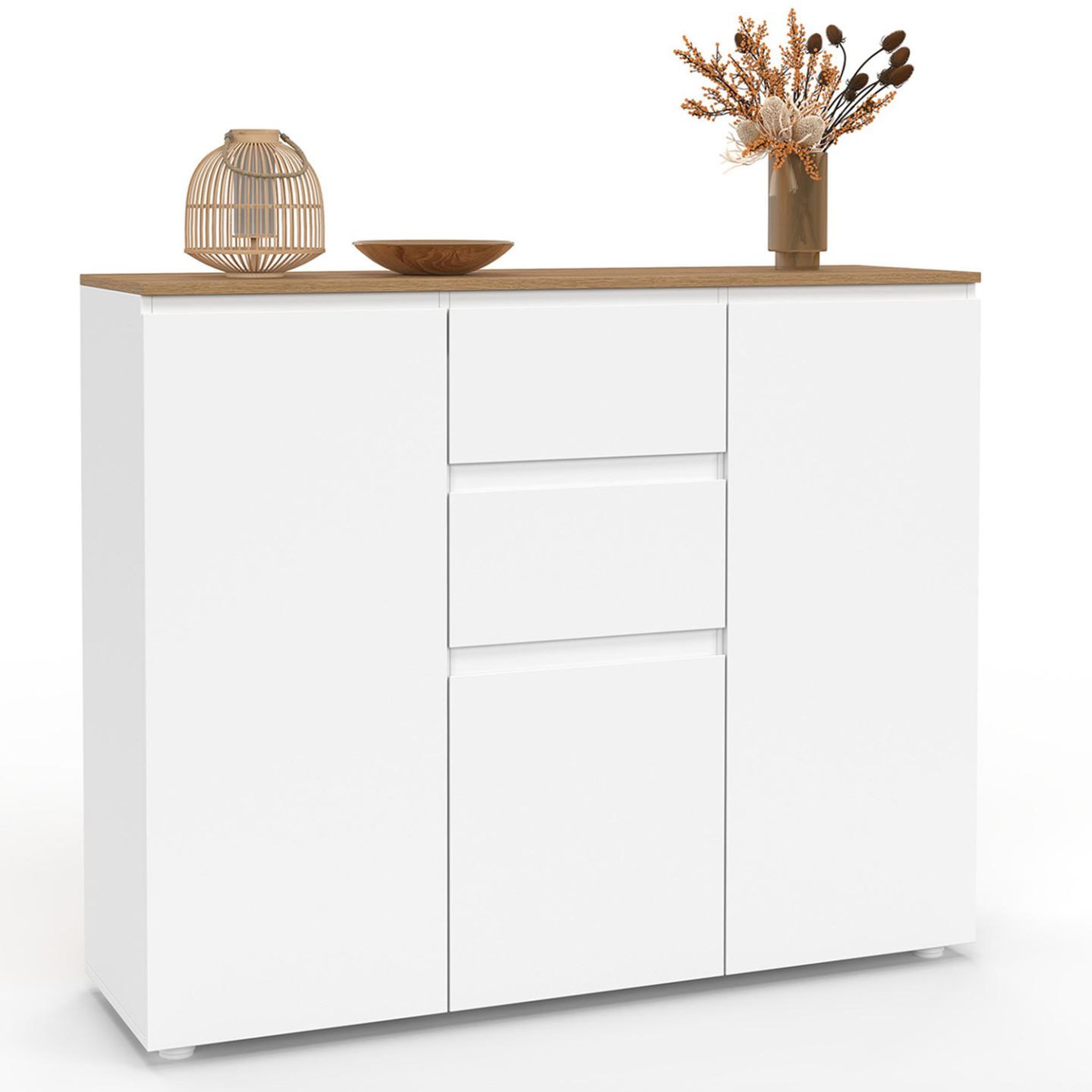 ID MARKET Buffet 100 cm toby 3 portes 2 tiroirs blanc et plateau bois