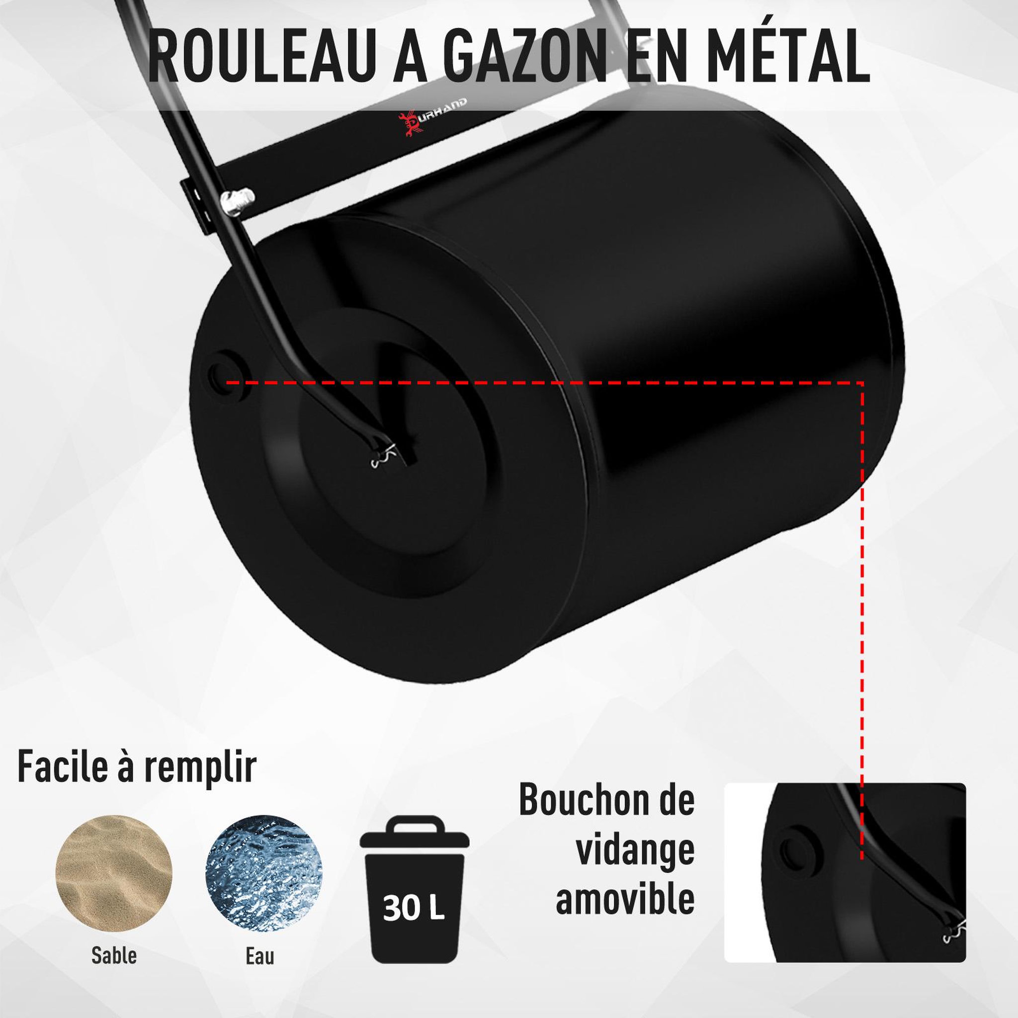 Voir la diapositive 4 : OUTSUNNY Rouleau à gazon jardin en acier avec poignée dim. 50L x 32l x 108H cm lestage max. 30 L noir