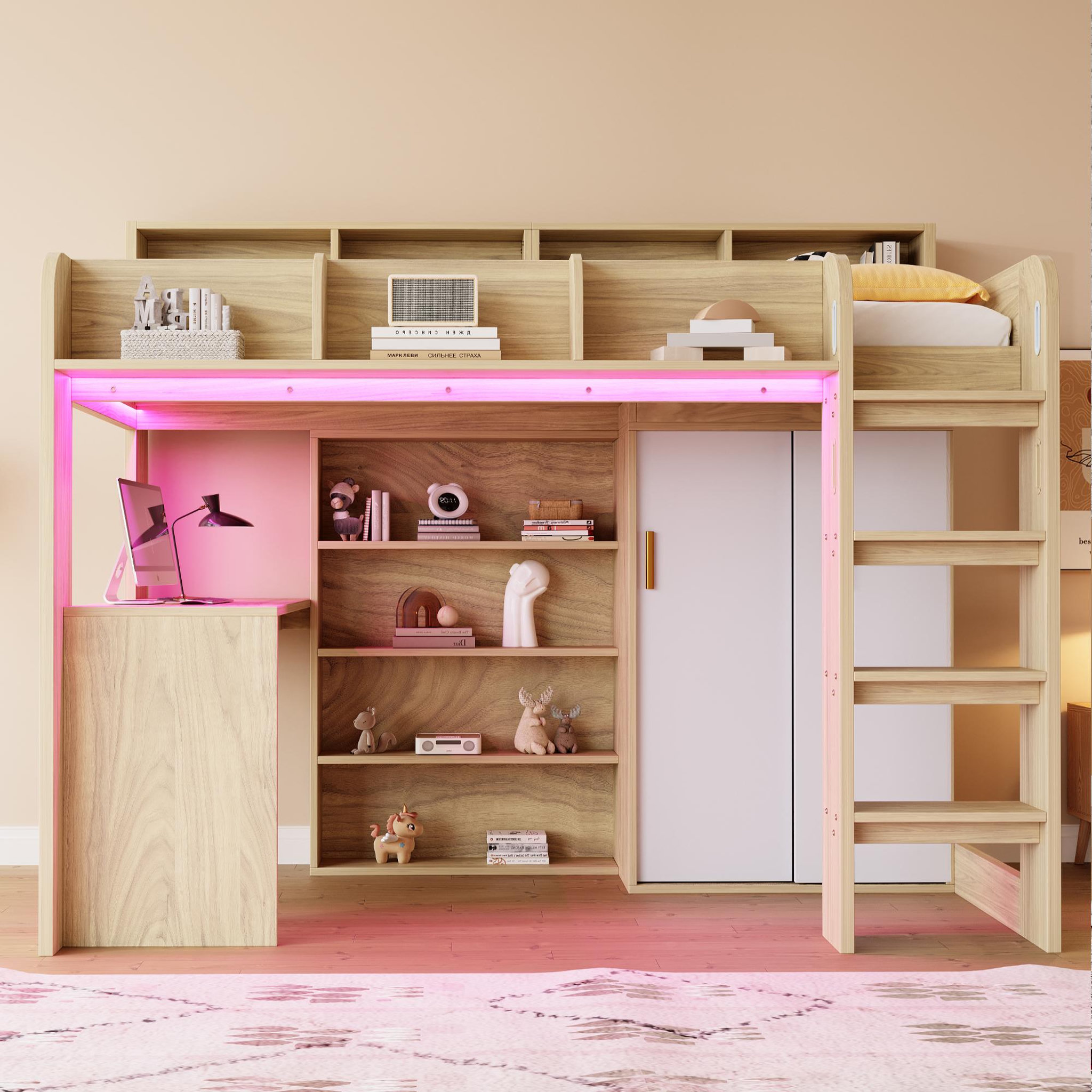 Voir la diapositive 2 : MERAX Lit mezzanine 90x200 cm coloris naturel led mdf
