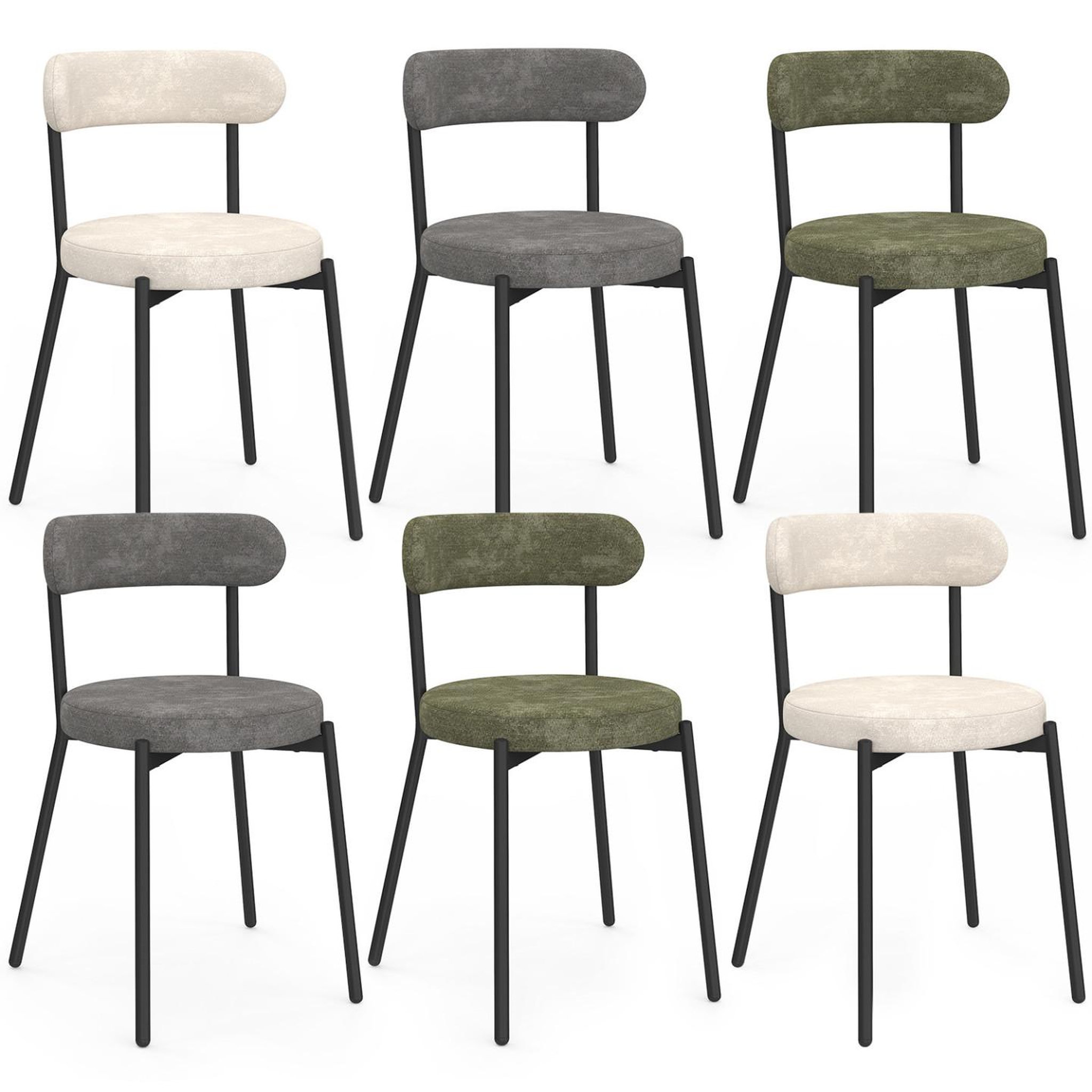 ID MARKET Lot de 6 chaises miki dossier incurvé en tissu chenille mix color vert x2, écru x2, gris foncé x2 pieds en métal noir