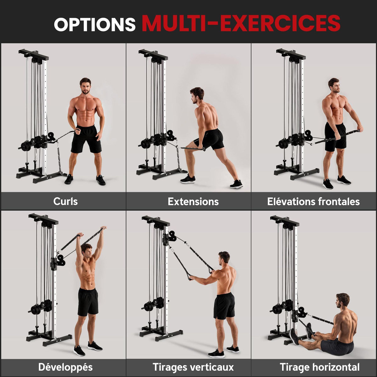 HOMCOM Station de musculation montage mural - double poulie, tirage poitrine, lat pulldown - acier gris noir