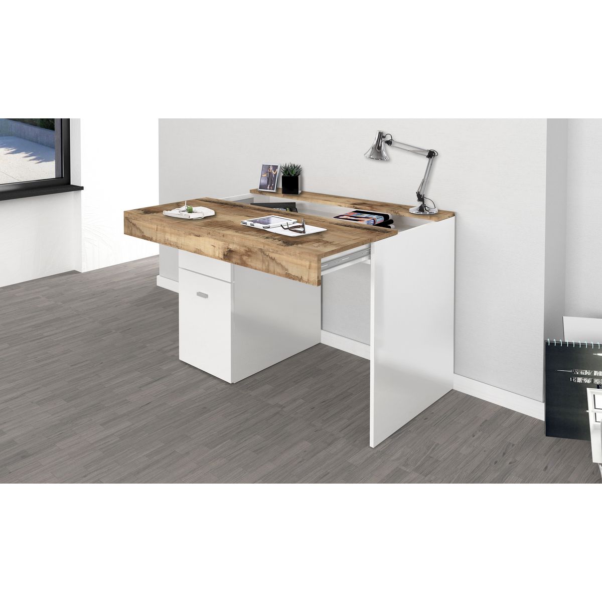 Bureau 1 porte 1 tiroir avec plateau coulissant et rangement 100 cm TAVIANO