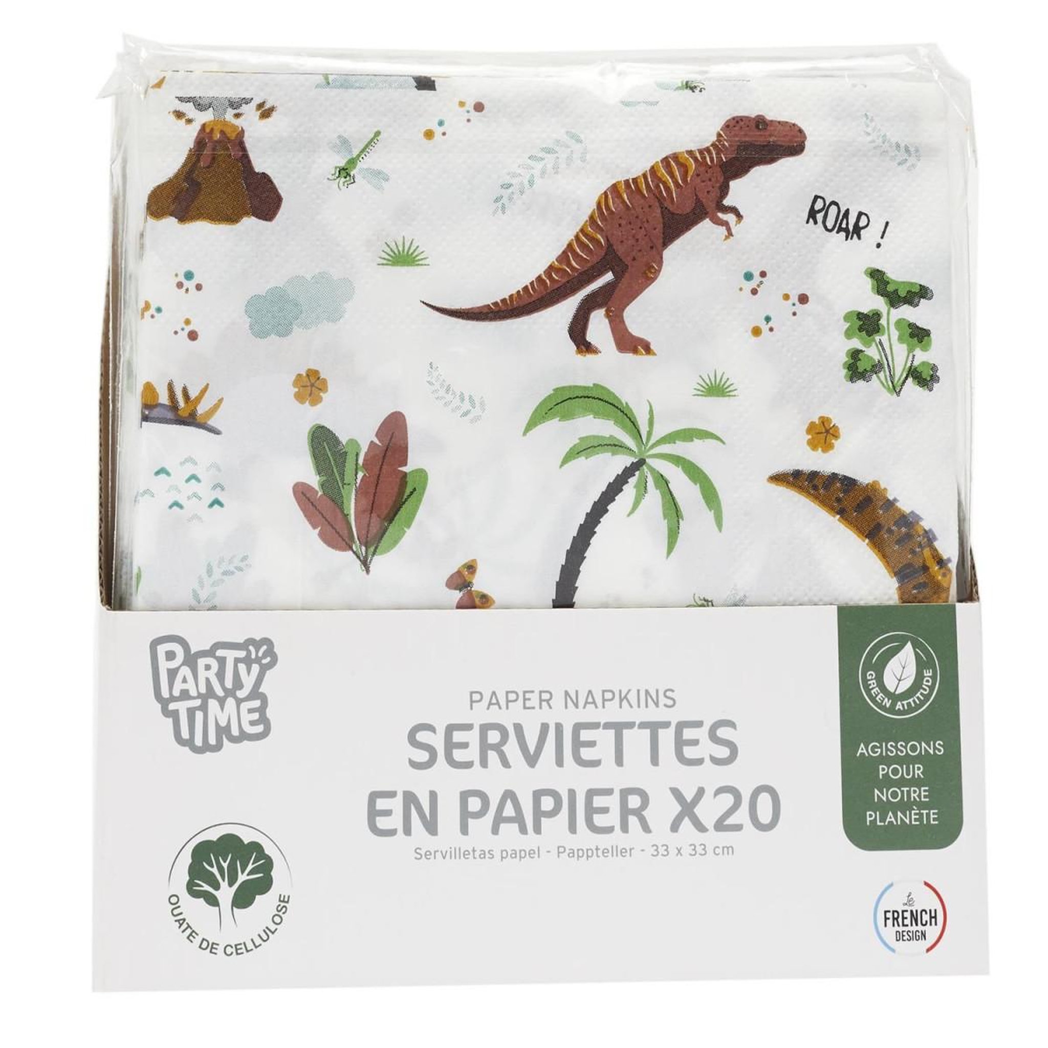 Voir la diapositive 3 : PARTY TIME Lot de 20 serviettes en papier  dinosaure  33x33cm blanc