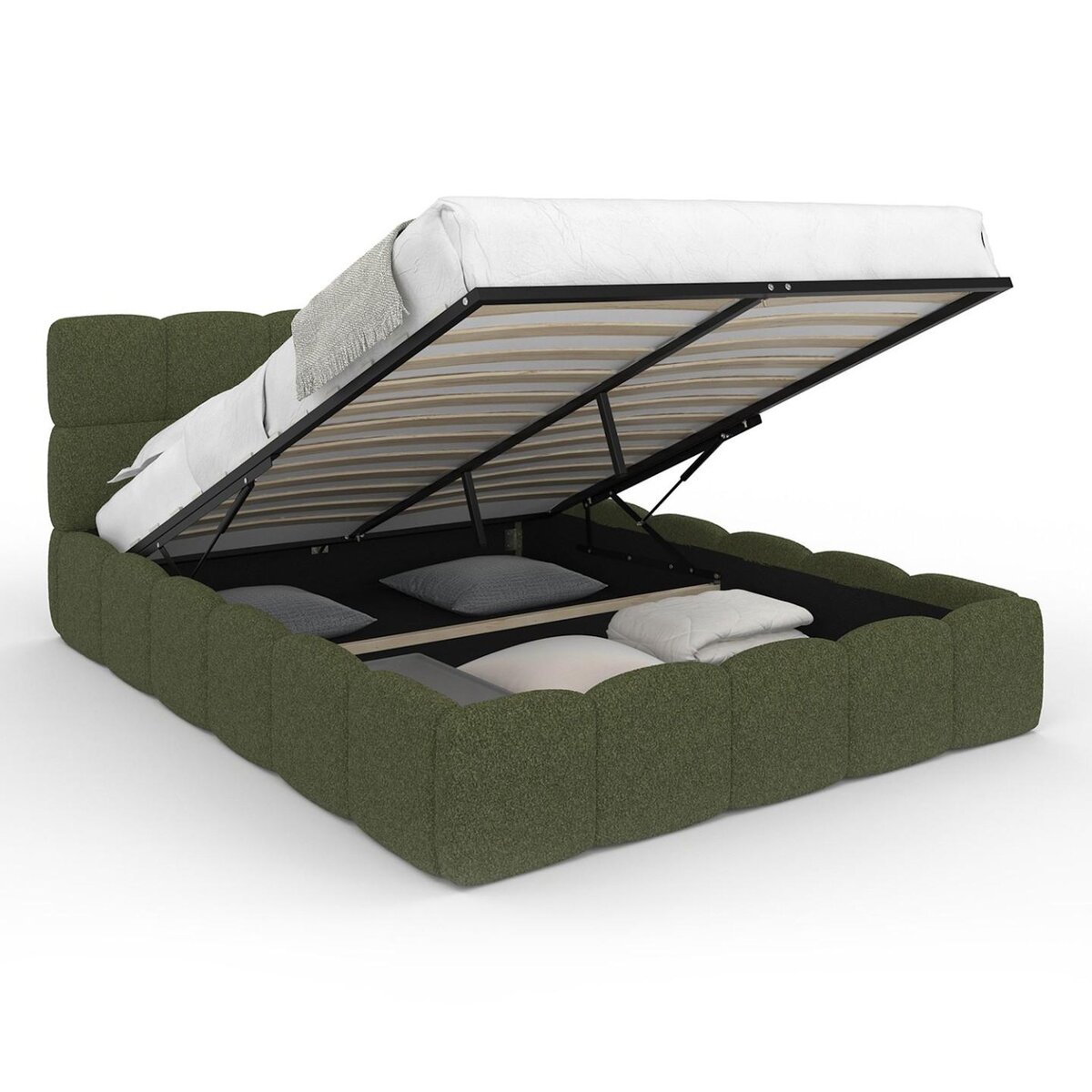 ID MARKET Lit coffre double NUAGE avec tête de lit matelassée et sommier 140 x 190 cm tissu bouclette vert kaki