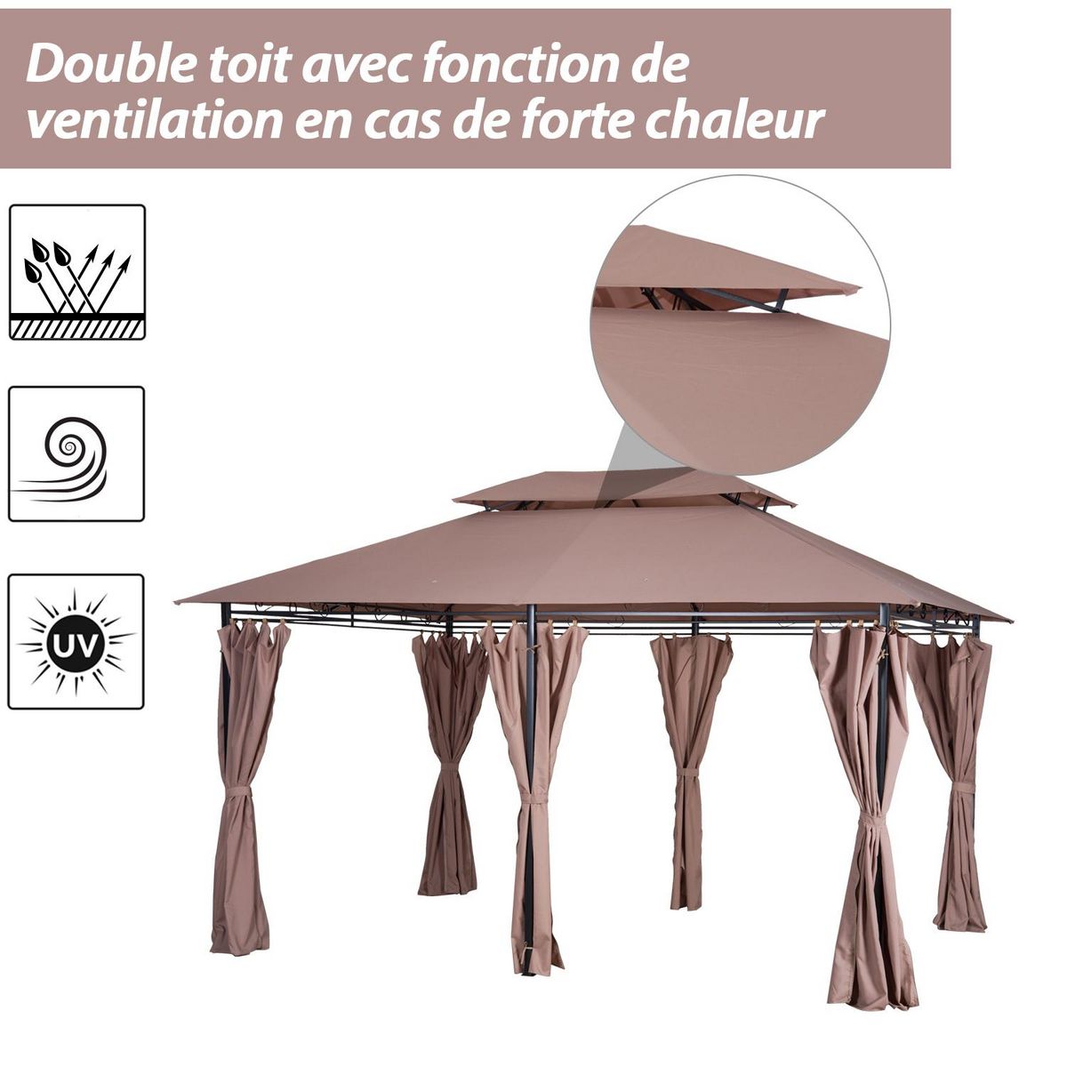 OUTSUNNY Tonnelle barnum pavillon de jardin style colonial double toit toiles latérales amovibles 3L x 4l x 2,65H m chocolat