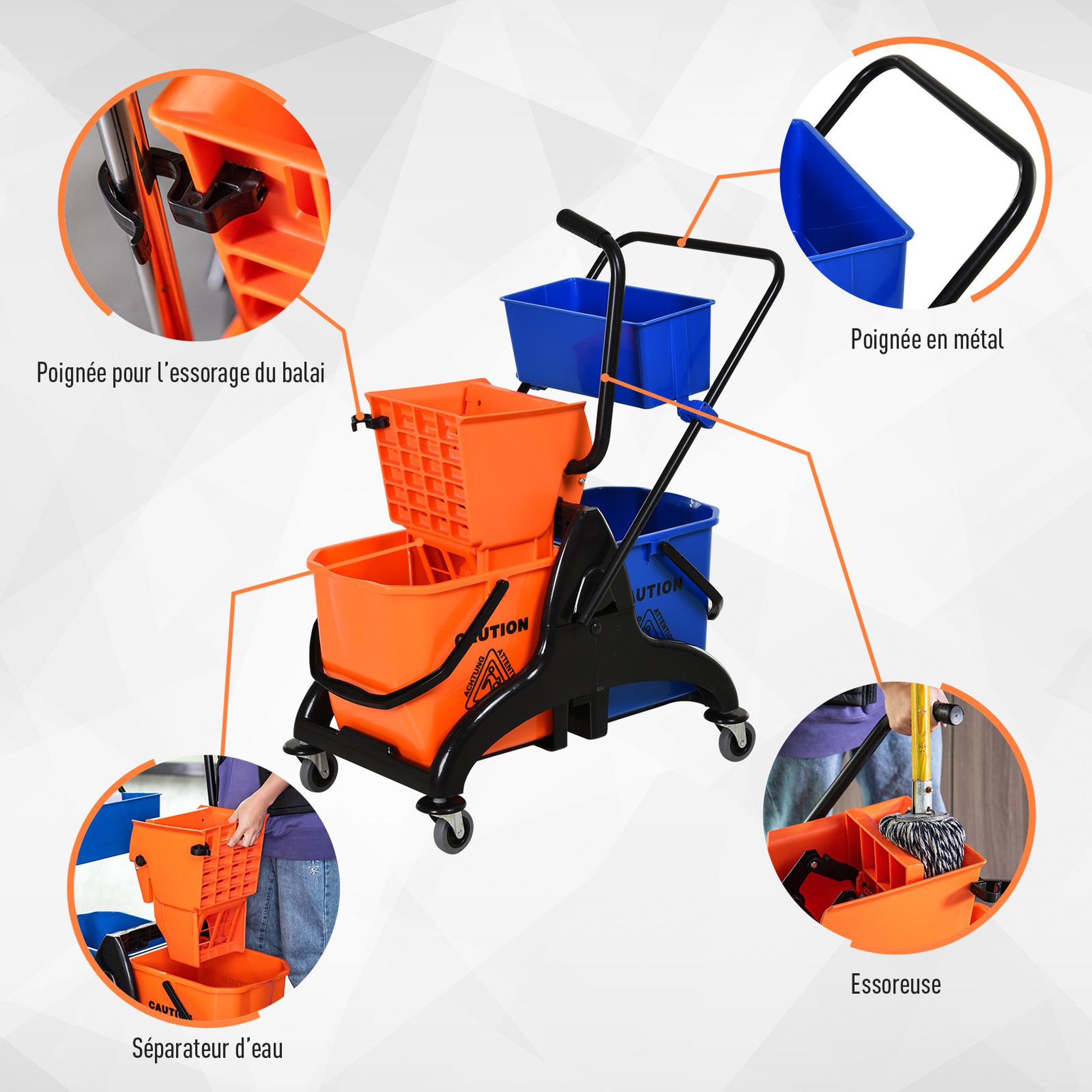 Voir la diapositive 4 : HOMCOM Chariot de lavage chariot de nettoyage professionnel presse à mâchoire 2 seaux + rangement orange bleu