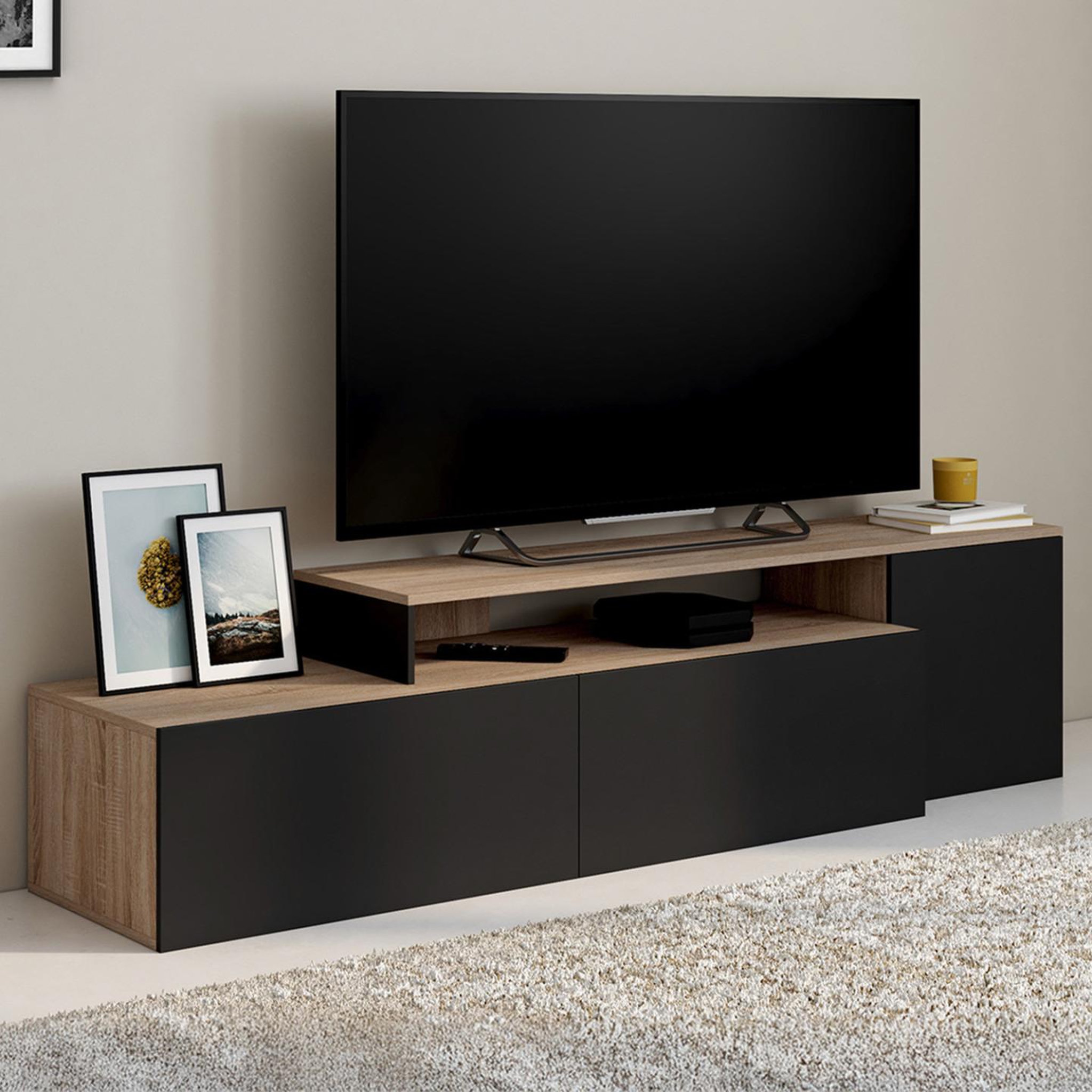 Voir la diapositive 2 : ID MARKET Meuble tv 140-180 cm modulable d'angle basile rotatif bois et noir