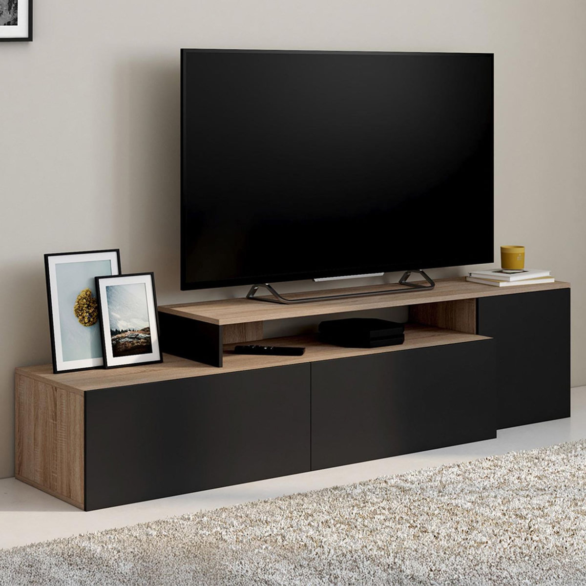 ID MARKET Meuble TV 180-240 cm modulable d'angle BASILE rotatif bois et noir
