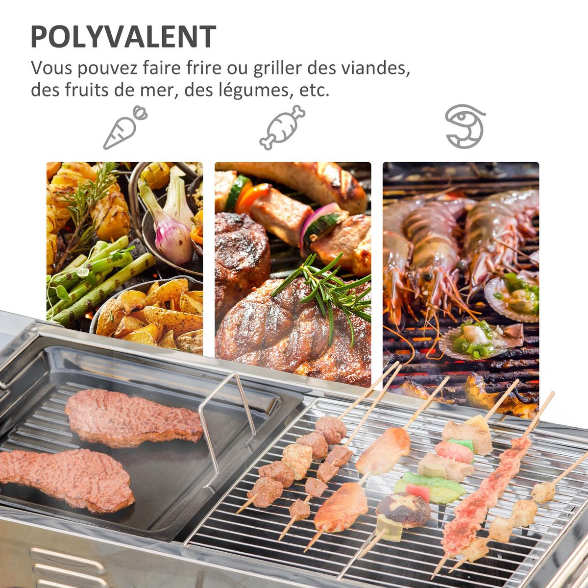 OUTSUNNY Barbecue à charbon pliable portable réglable BBQ grill sur pied avec tablettes rabattables, grille, plaque teppanyaki, pinces, récupérateur cendres acier inox.