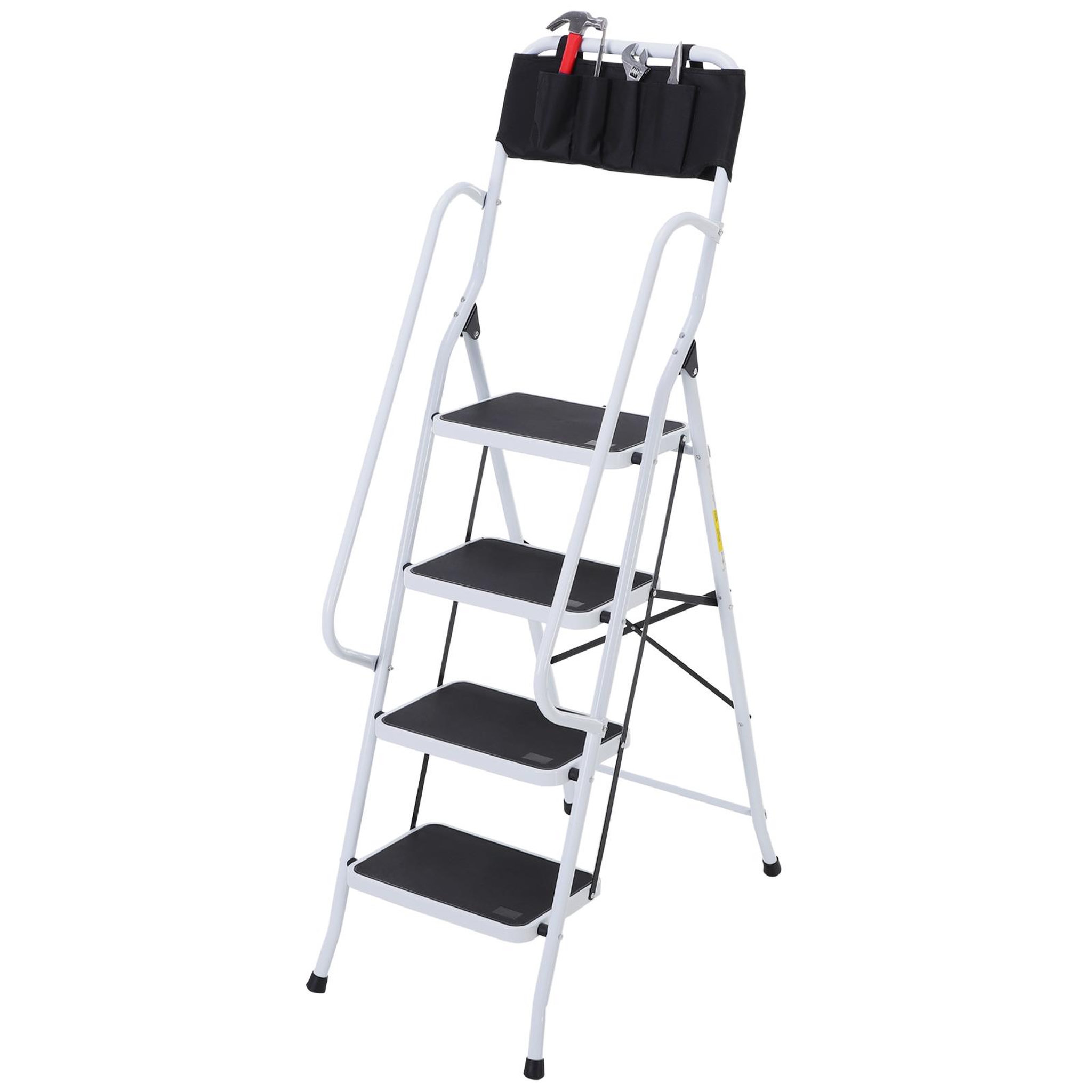 HOMCOM HOMCOM Escabeau pliable 4 marches XL antidérapantes double garde corps hauteur max. 1,55 m charge max. 150 Kg pochette outils intégrée acier blanc noir