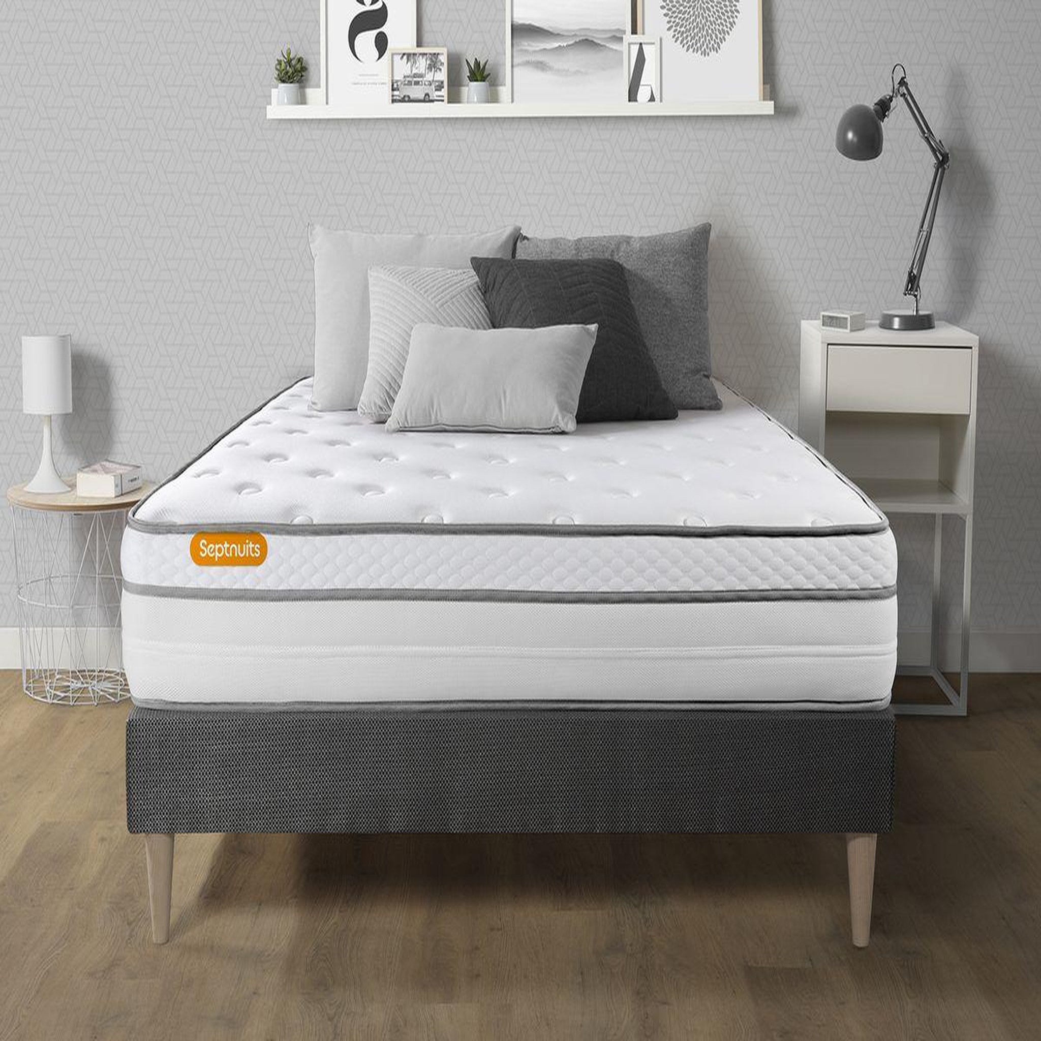 Voir la diapositive 1 : SEPTNUITS Matelas + sommier kit gris Memo Luxe Ressorts ensachés + mémoire de forme MAXI épaisseur