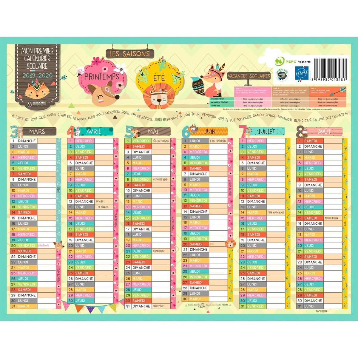  Calendrier scolaire enfant 21x26,5cm grille 2 x 6 mois 2019-2020