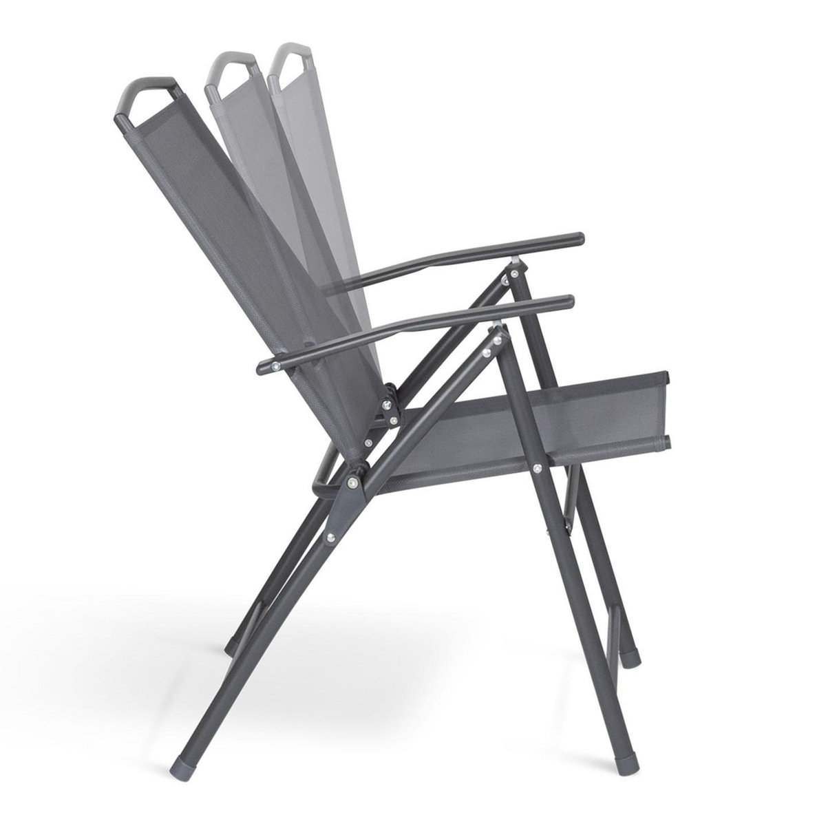 ID MARKET Lot de 4 chaises de jardin pliantes avec accoudoirs ALGHERO métal et textilène gris anthracite