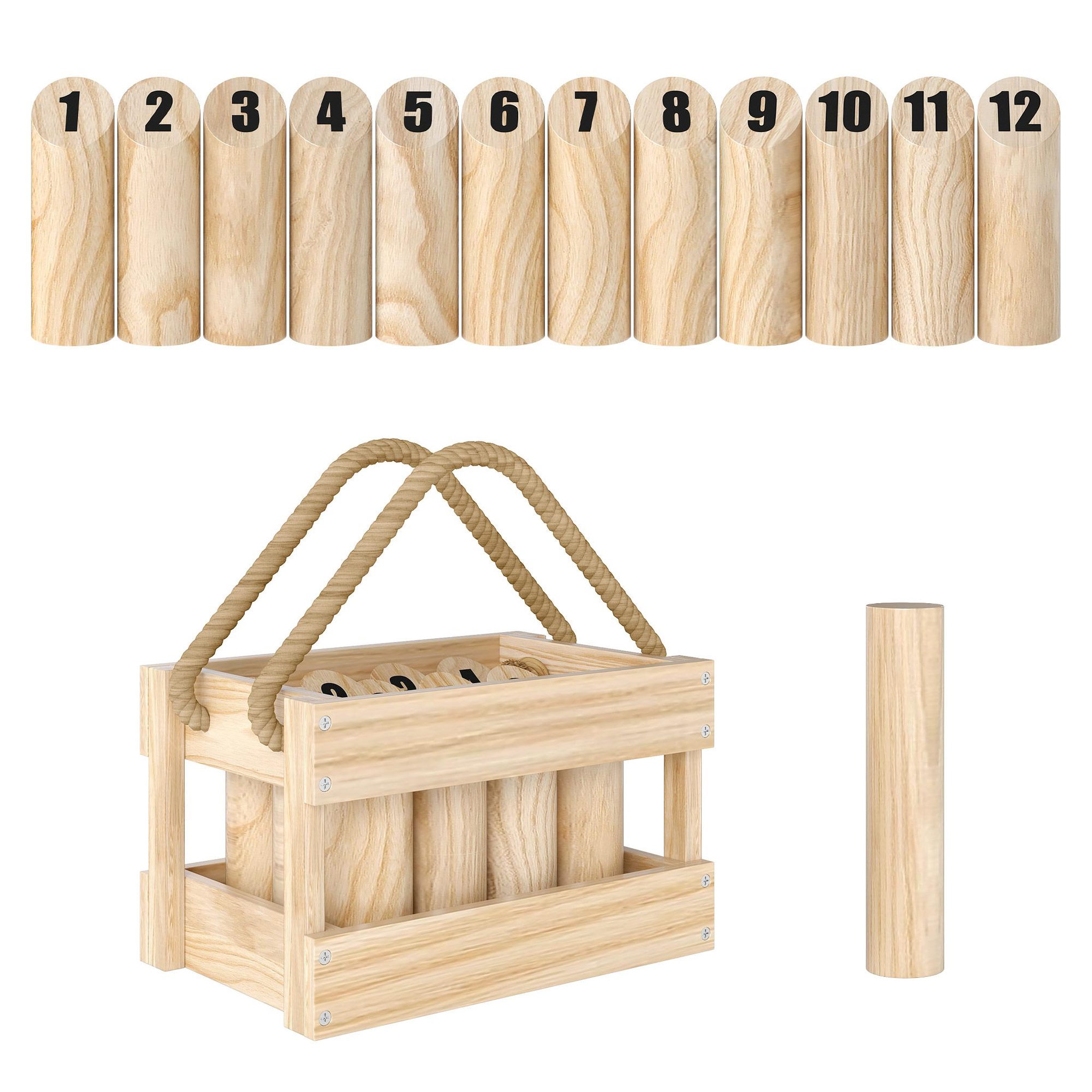 HOMCOM Jeu de quilles finlandaises - 12 quilles, bâton et panier de transport - bois de pin