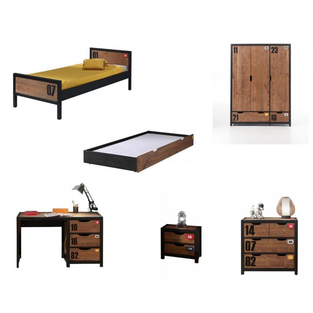 Vipack Ensemble de meubles Alex : Armoire spacieuse et bureau élégant en marron