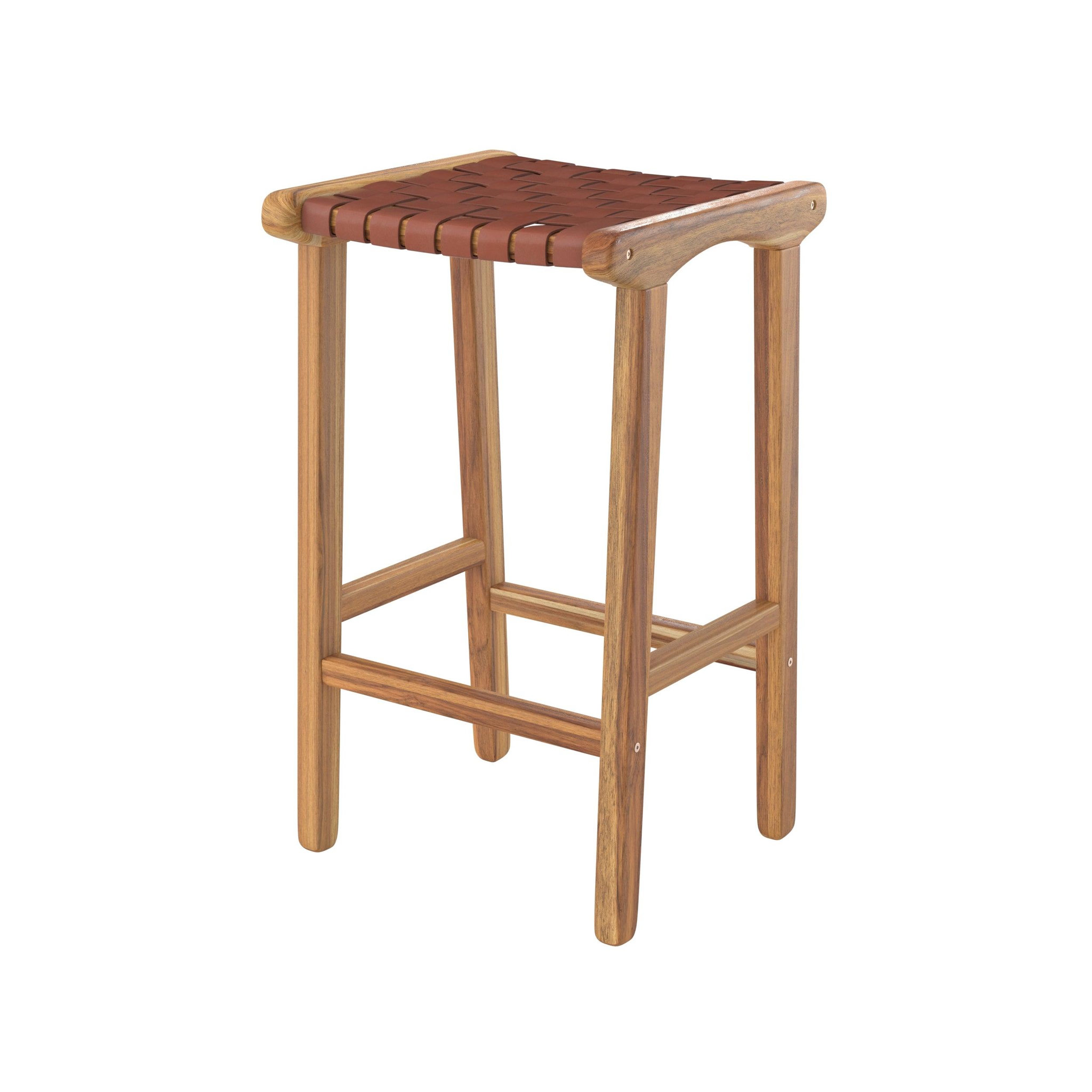 MAISON PAVANE Tabouret pour îlot central 68 cm en teck et cuir tressé marron-kuna