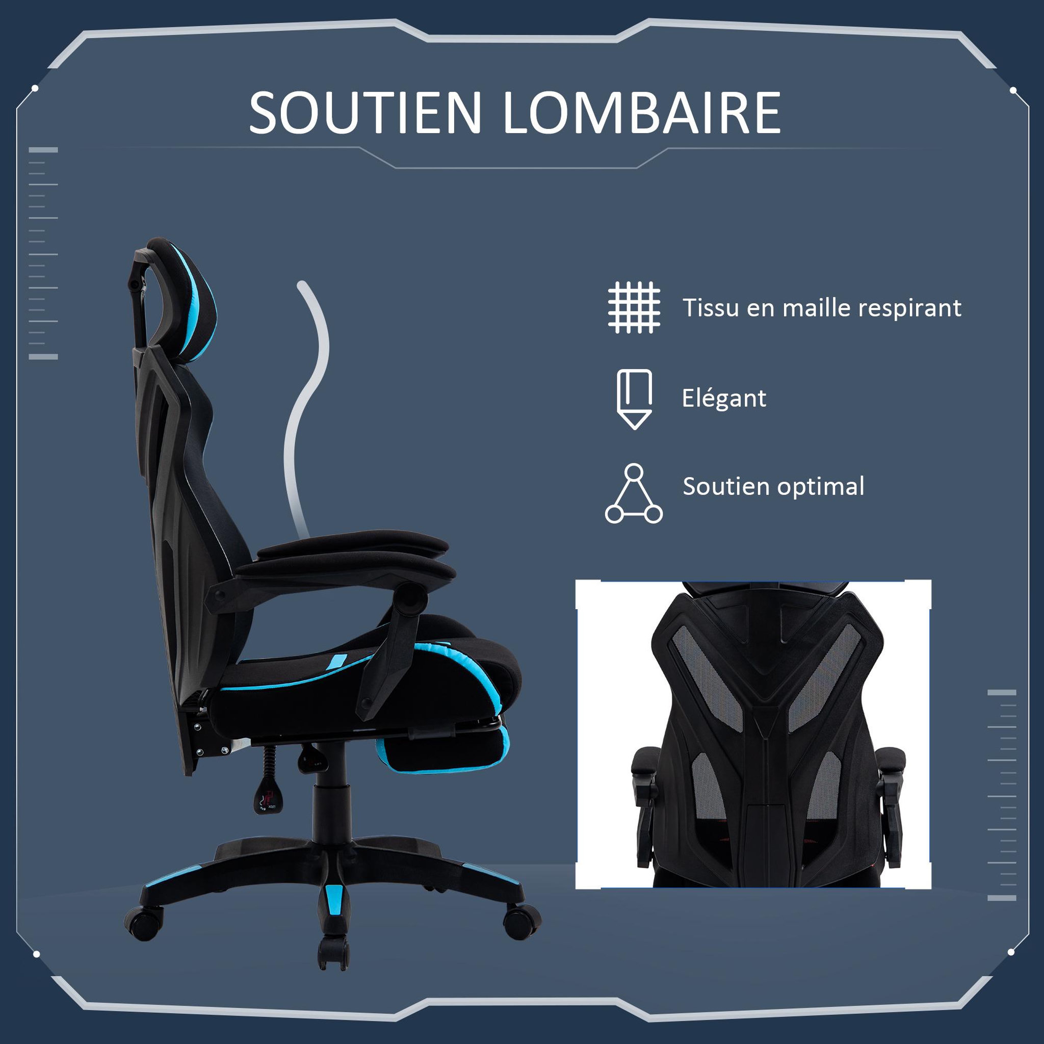Voir la diapositive 6 : VINSETTO Vinsetto Fauteuil gaming chaise gamer réglable pivotant dossier inclinable repose-pied polyester bleu noir
