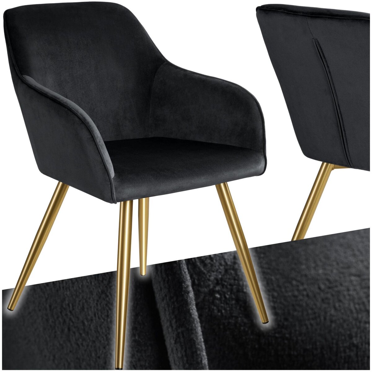 tectake Chaise rembourrée aspect velours noir/or