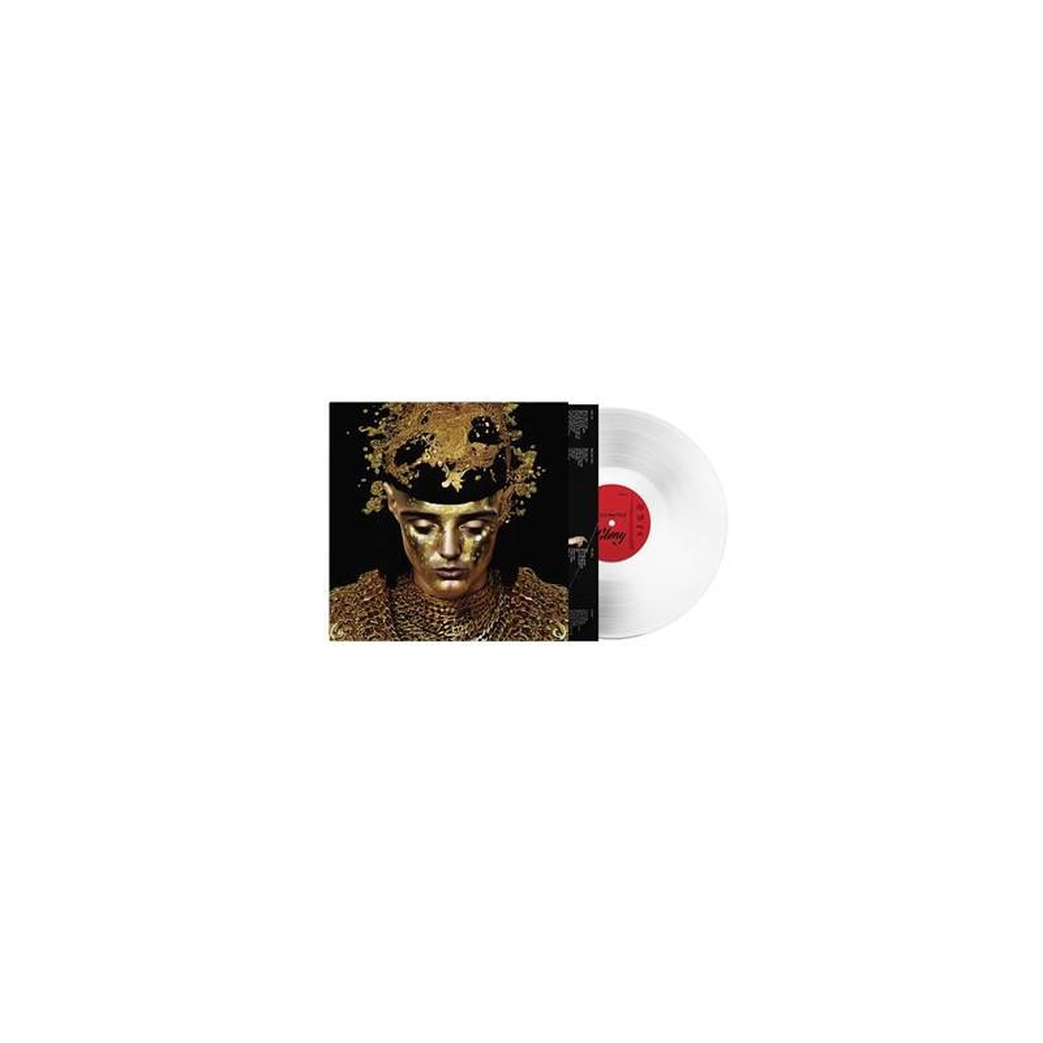 Vinyle sans marque oh glory cristal transparent, label rouge, pochette sombre portrait doré