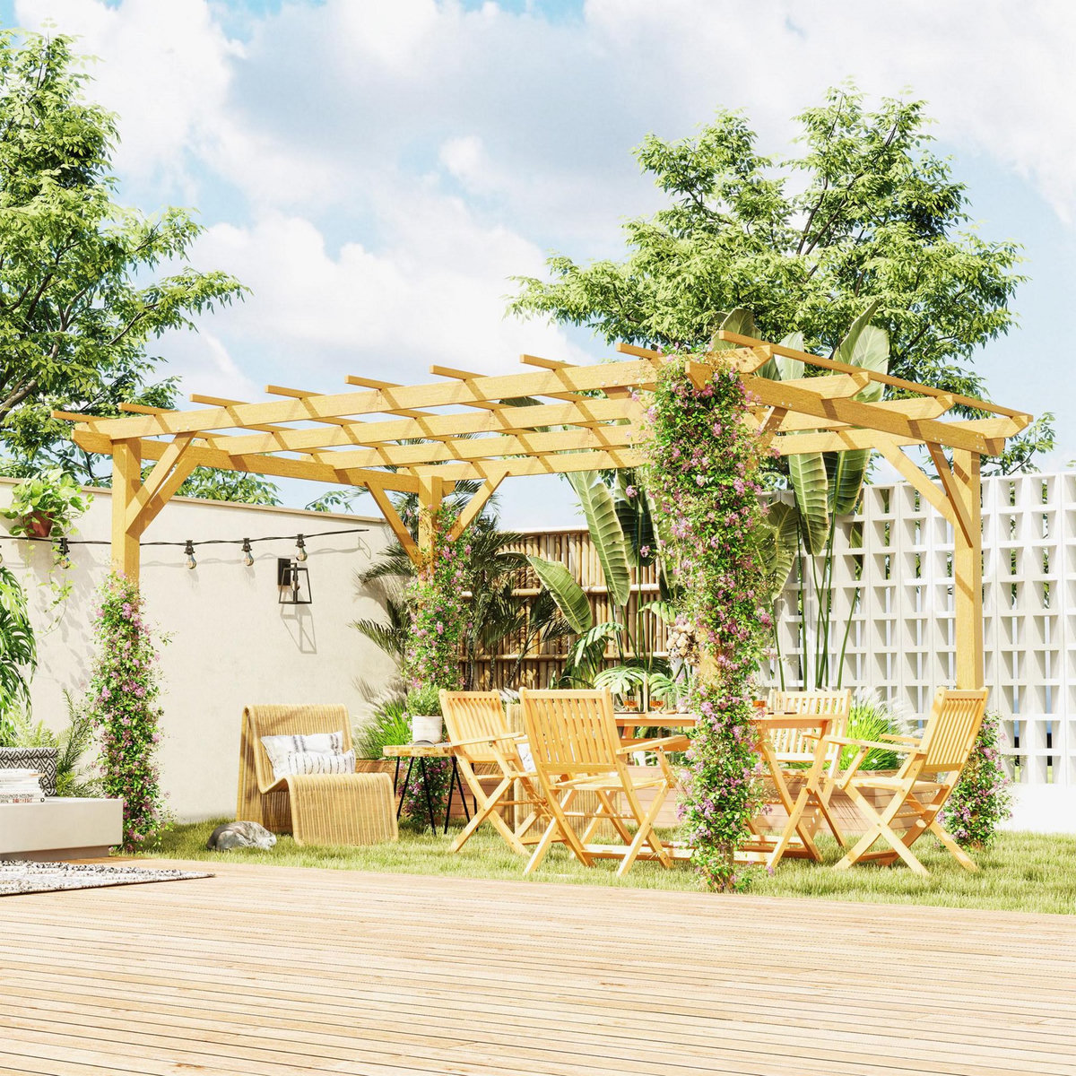 OUTSUNNY Pergola bois autoportante 12 m² dim. 3 x 4 m - toit chevrons lattes espacées - sapin pré-huilé
