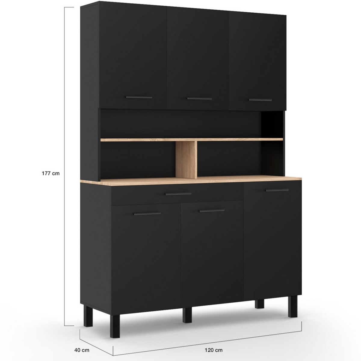 ID MARKET Buffet de cuisine 120 cm CINA 6 portes + tiroir noir et plateaux façon hêtre