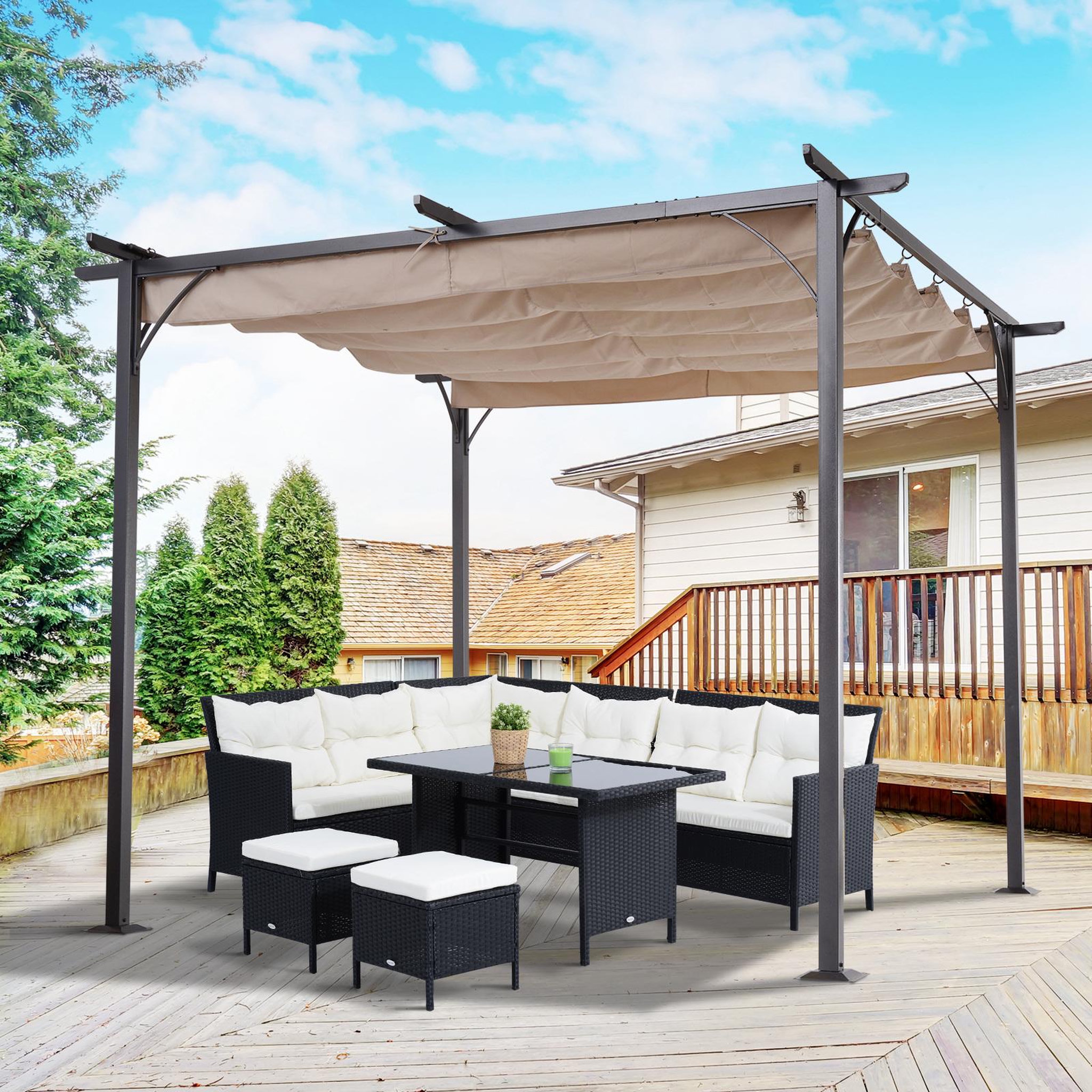 Voir la diapositive 4 : OUTSUNNY Pergola rétractable 3L x 3l x 2,30H m structure métal époxy anticorrosion noire + toile polyester haute densité 180 g/m² incluse beige