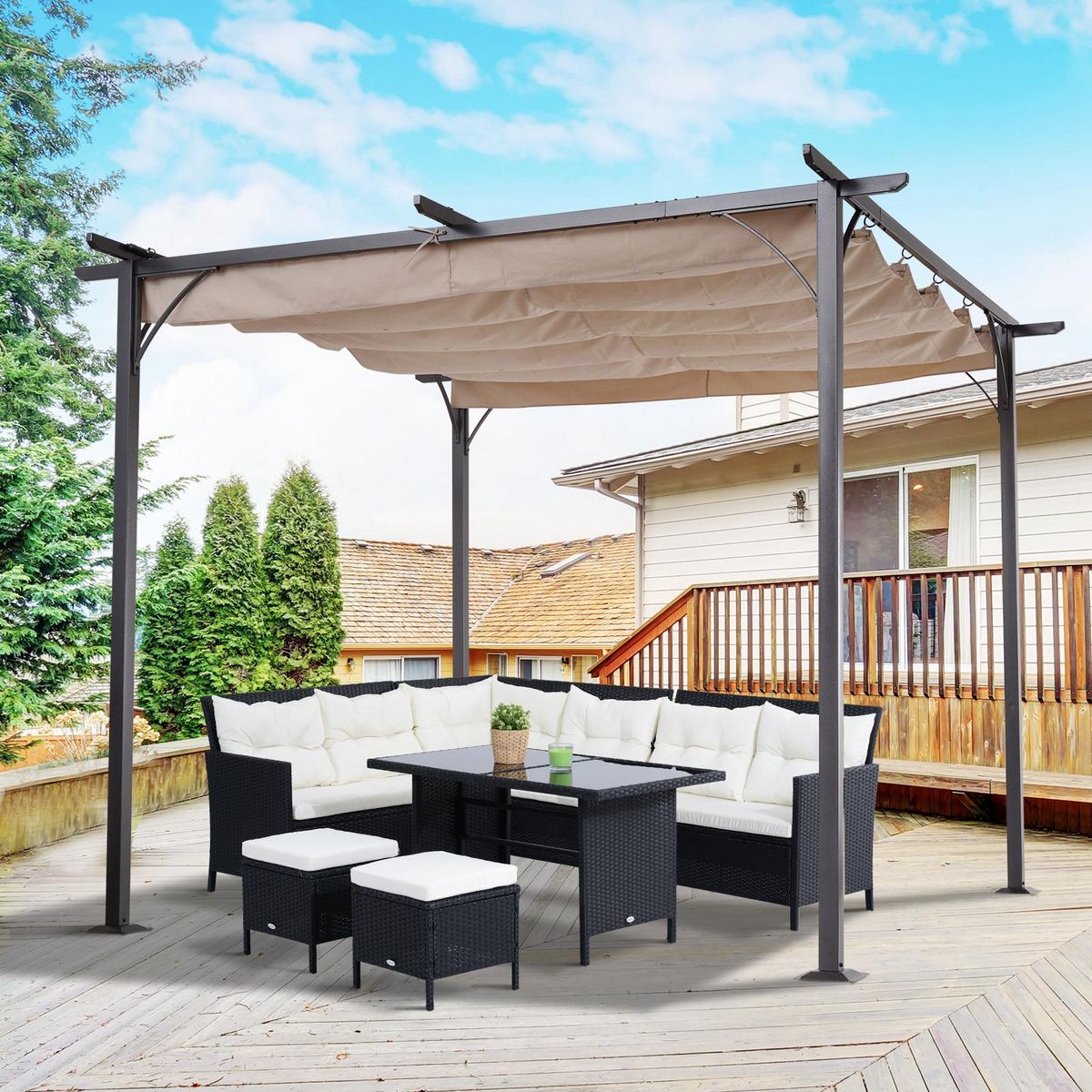 OUTSUNNY Pergola rétractable 3L x 3l x 2,30H m structure métal époxy anticorrosion noire + toile polyester haute densité 180 g/m² incluse beige