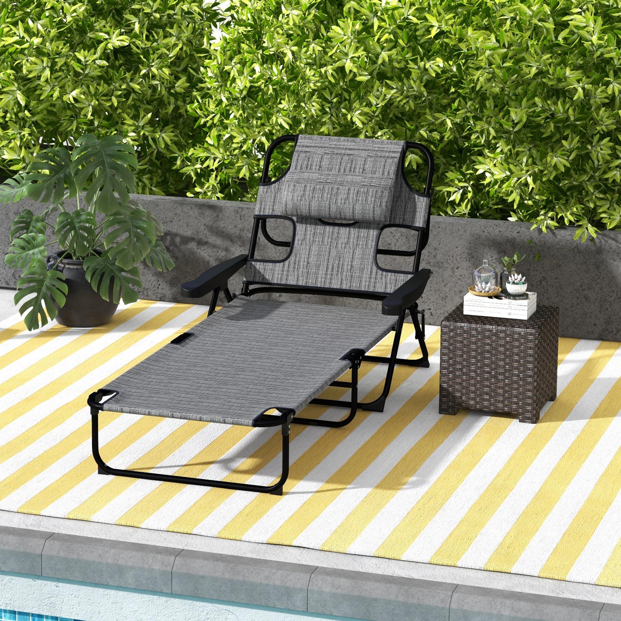 Voir la diapositive 2 : OUTSUNNY Bain de soleil transat pliable inclinable - coussins, espace tête - acier noir polyester gris chiné