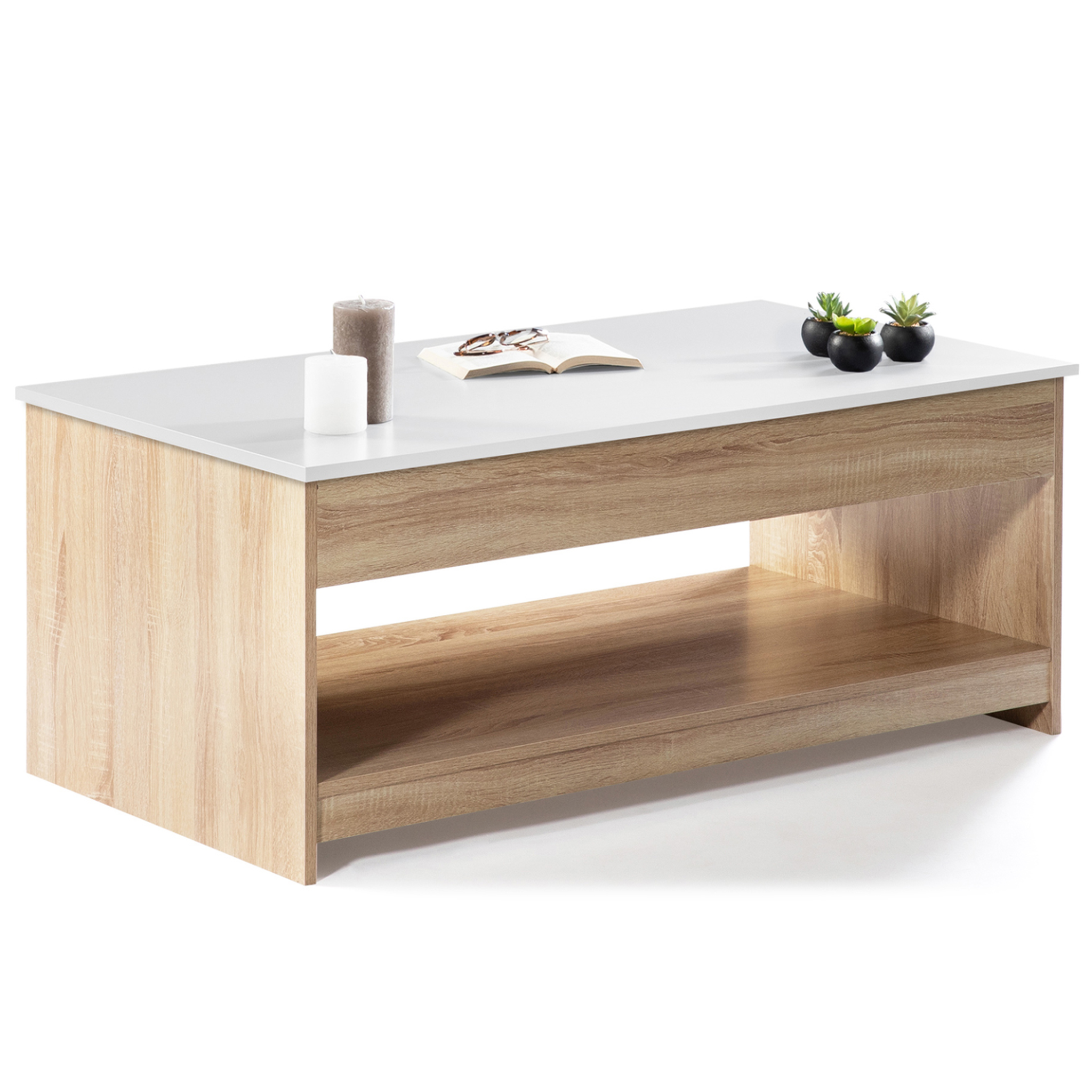 Voir la diapositive 4 : ID MARKET Table basse plateau relevable rectangulaire soa bois imitation hêtre plateau blanc