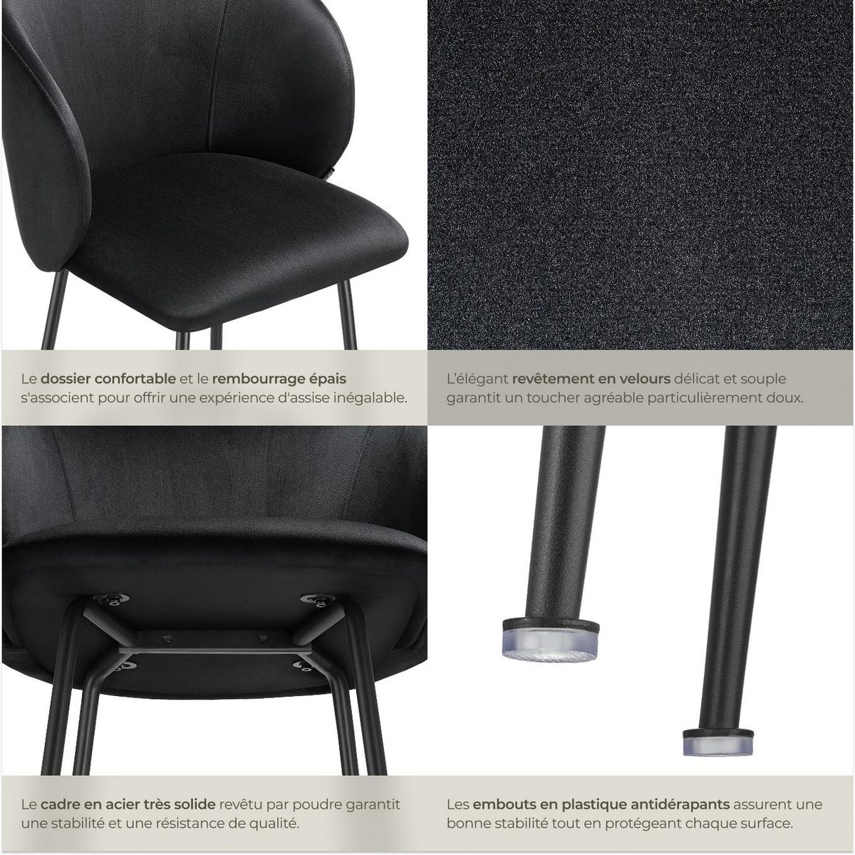tectake Chaise de bar en velours rembourré noir/noir Ensemble de 4 pièces