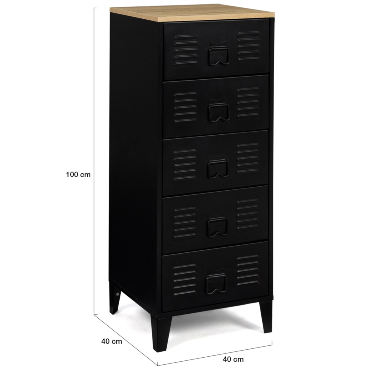 ID MARKET Chiffonnier 5 tiroirs ESTER 40 cm métal noir et plateau façon hêtre design industriel