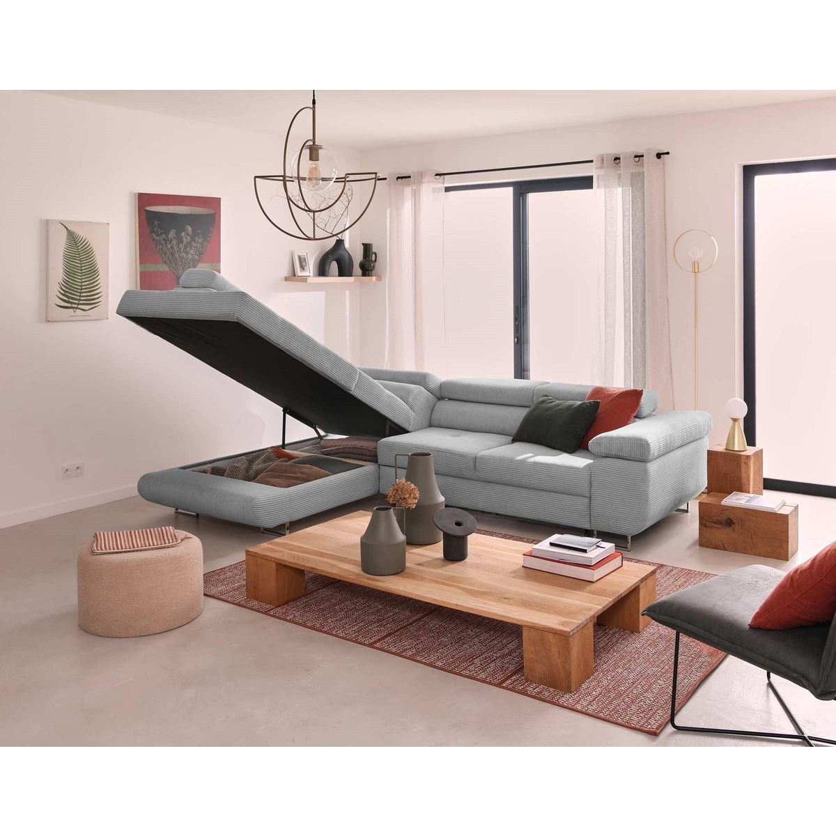 BEST MOBILIER Zaria - canapé d'angle gauche - convertible avec coffre et têtières réglables - 5 places - en velours côtelé