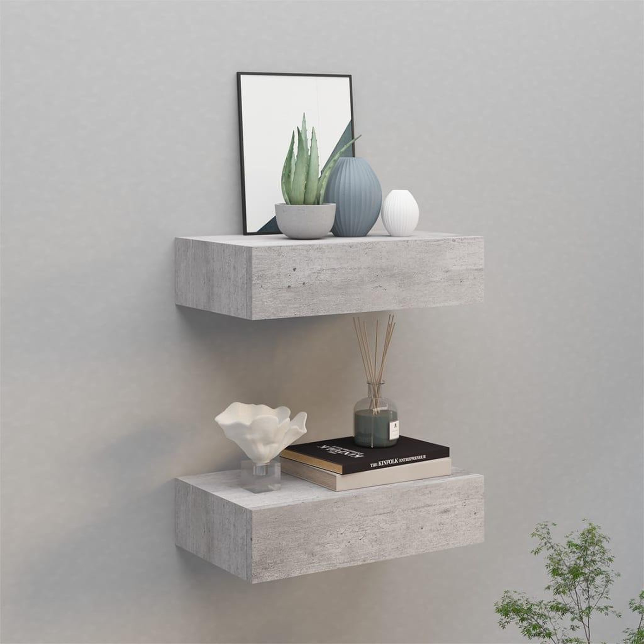 Voir la diapositive 1 : VIDAXL Etageres a tiroir murales 2 pcs Gris beton 40x23,5x10 cm MDF
