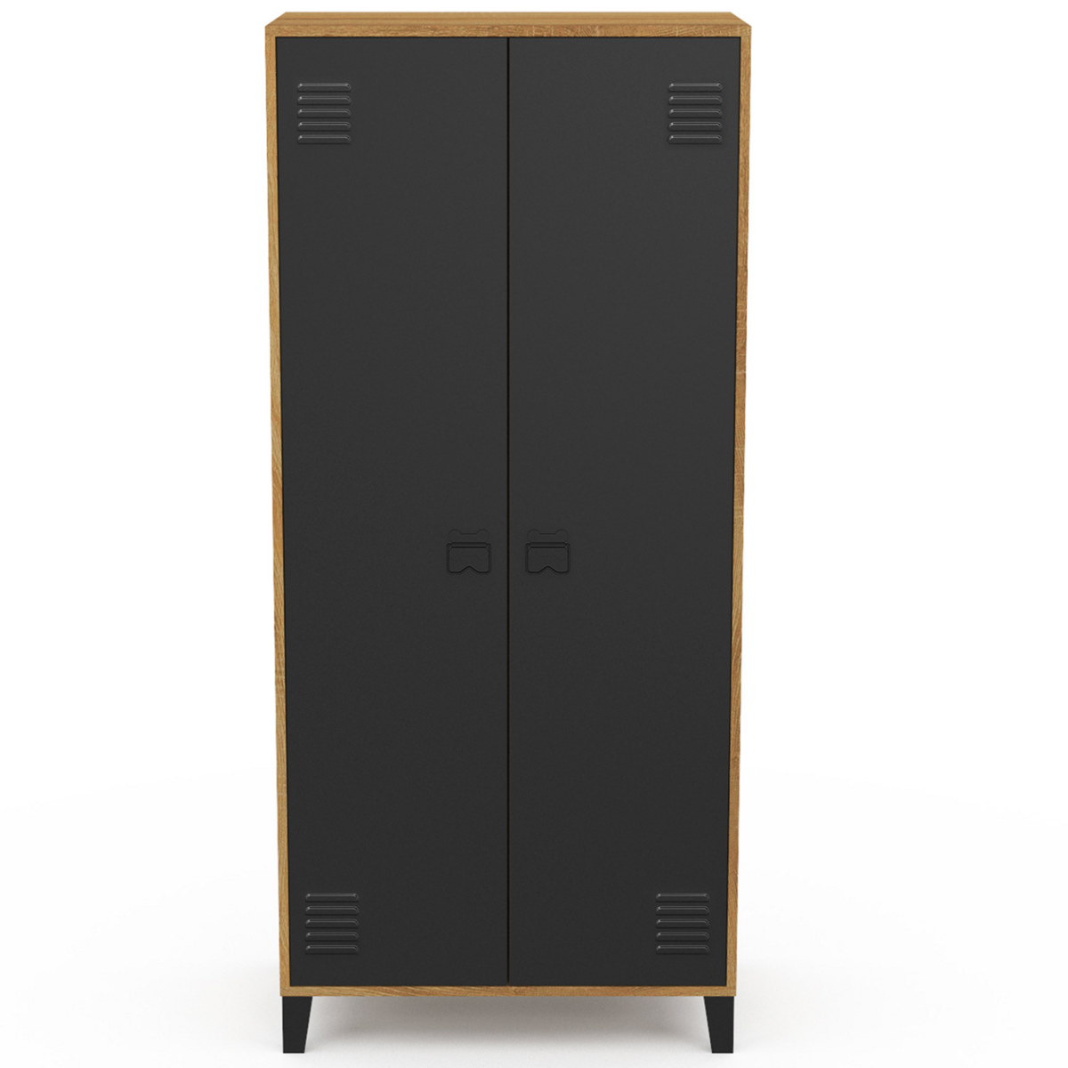 ID MARKET Armoire vestiaire penderie ESTER 2 portes métal noir et contour bois design industriel