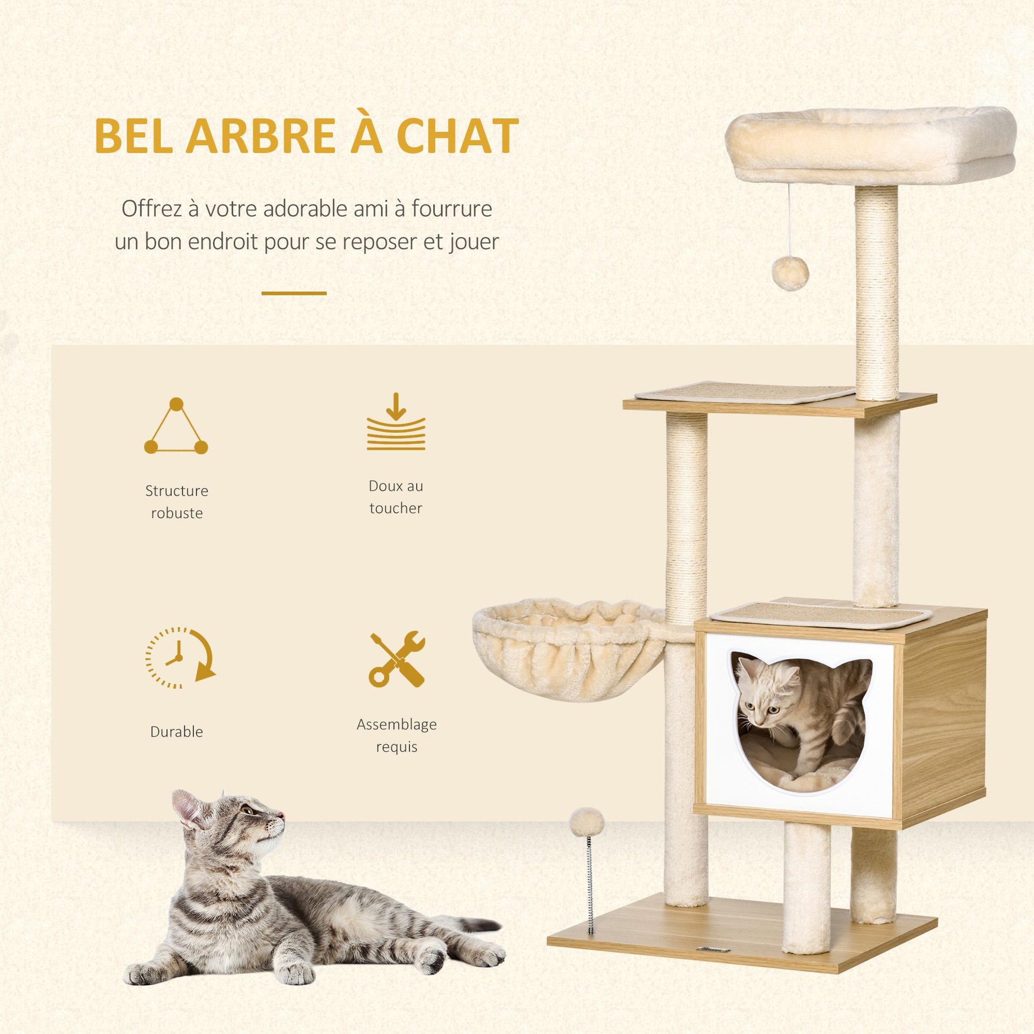 Voir la diapositive 4 : PAWHUT Arbre à chat multi-équipement griffoirs grattoirs niche hamac panier coussins amovibles h126 cm peluche courte sisal naturel beige