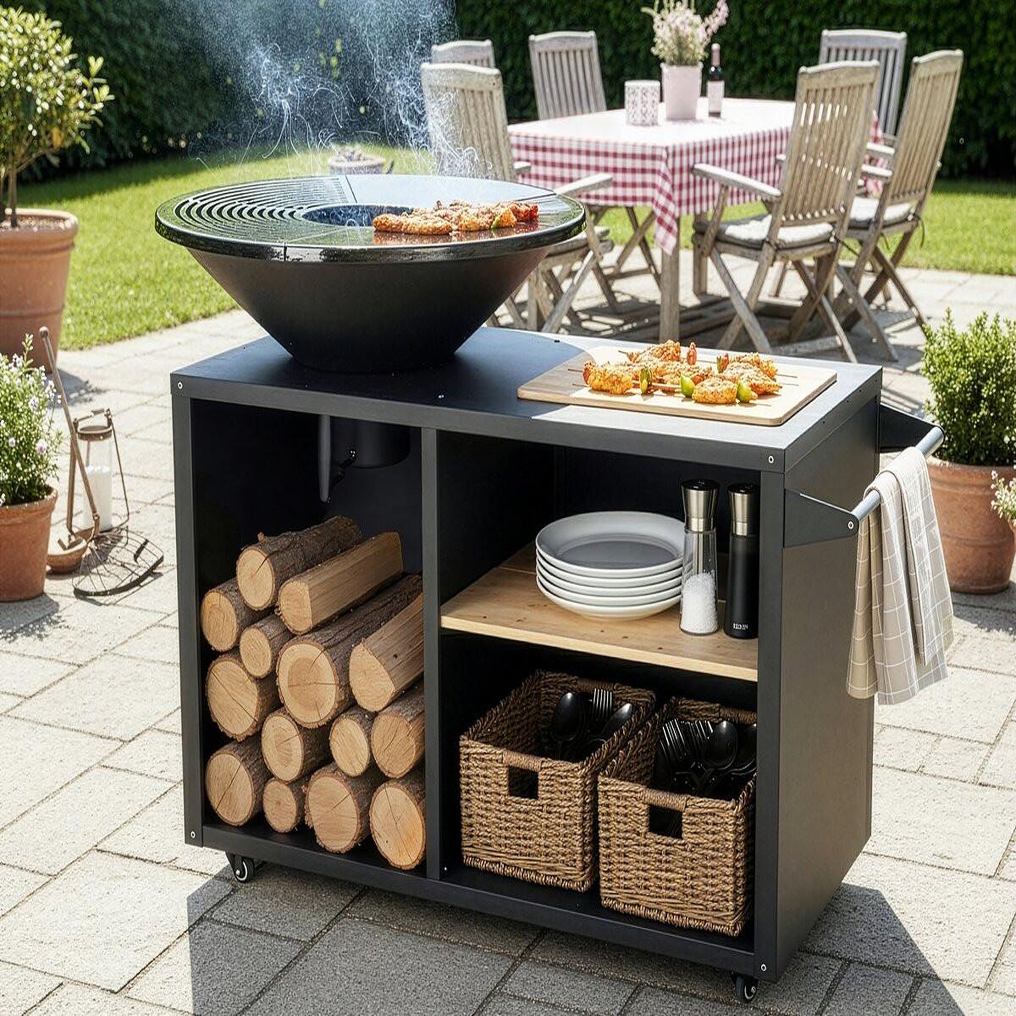 Voir la diapositive 2 : Habitat et Jardin Barbecue plancha brasero à charbon et bois  Maréchal  - Ø 81 cm - Noir
