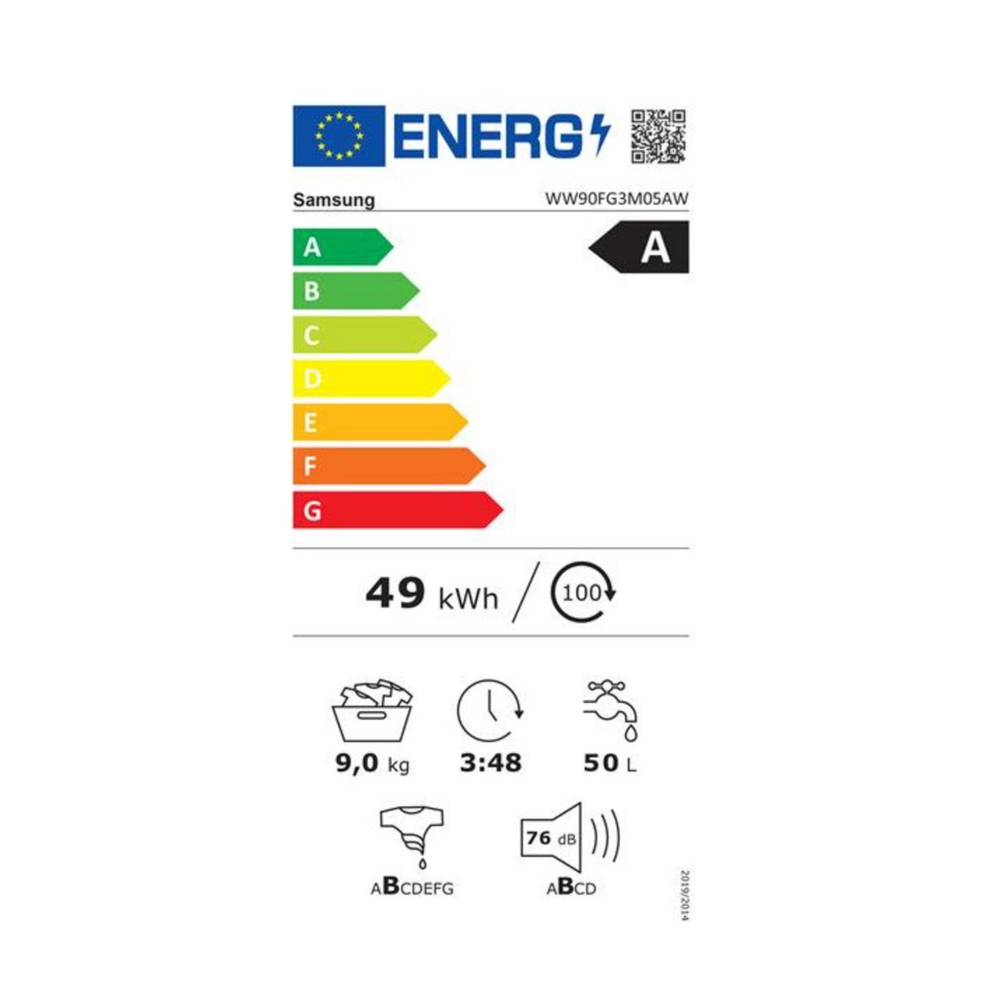 Voir la diapositive 2 : Samsung Lave-linge frontal 9kg 1400 tours/min  - ww90fg3m05aw