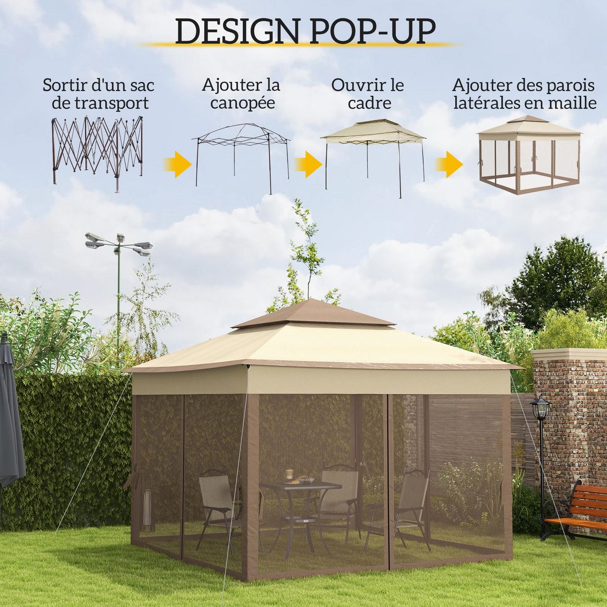 OUTSUNNY Tonnelle barnum de jardin pop-up pliant 3,25L x 3,25l x 2,65H m acier polyester moustiquaires + sac de transport café