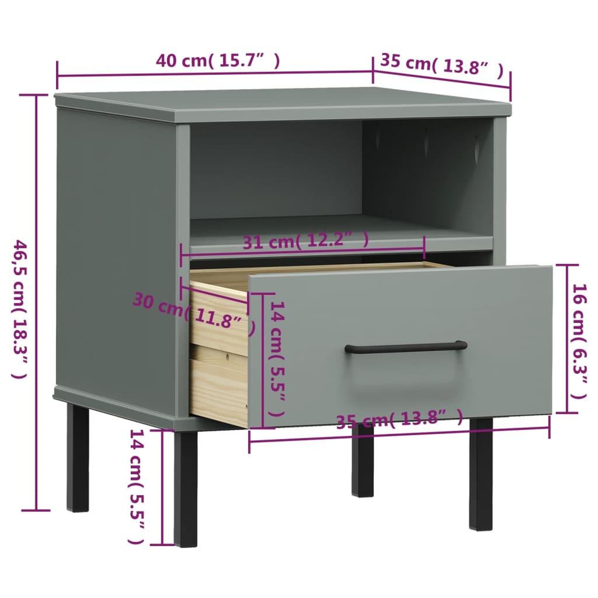Voir la diapositive 6 : VIDAXL Table de chevet avec pieds en metal Gris Bois pin massif OSLO